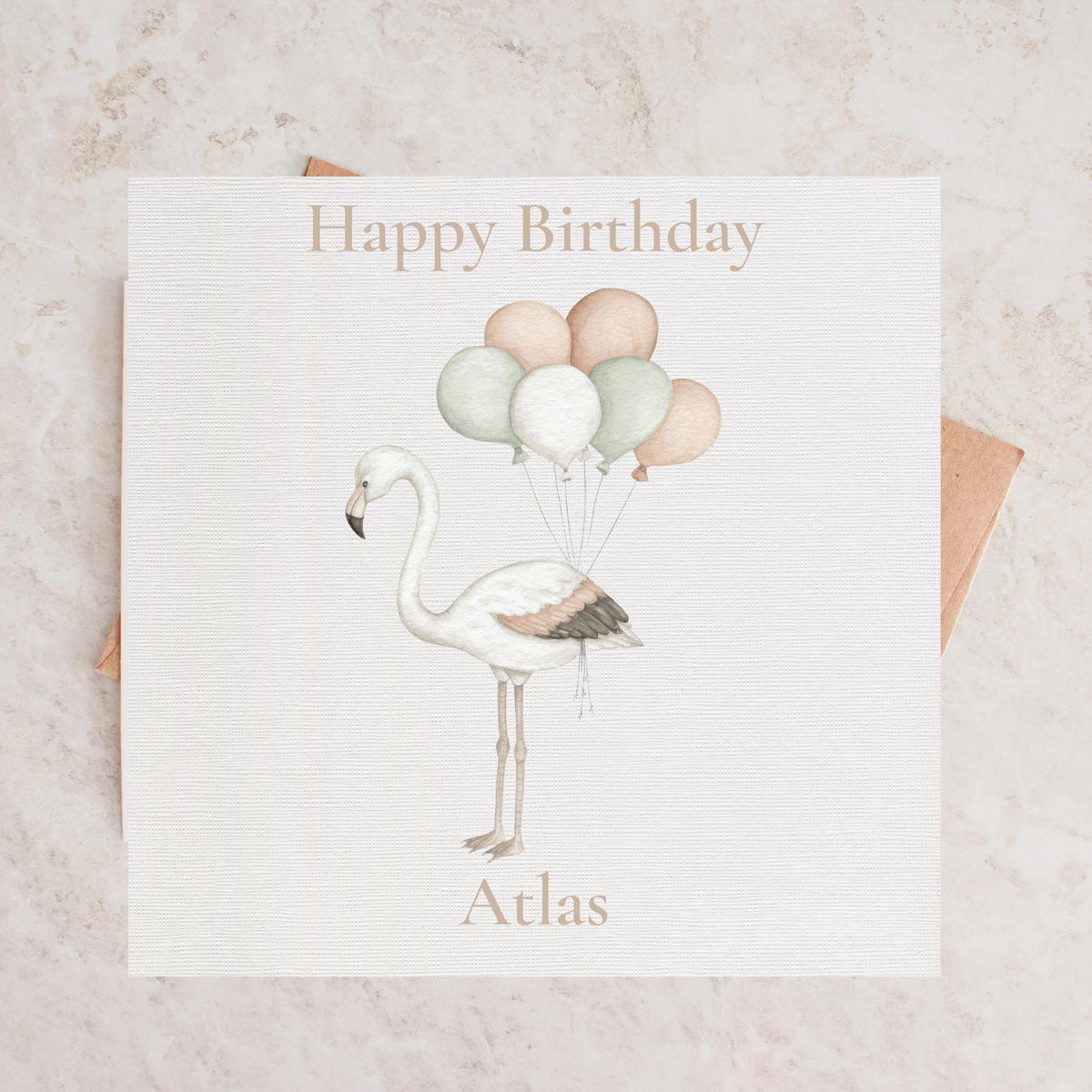 Personalised Birthday Card with Flamingo and Balloon Clouds, Custom Name, Illustration