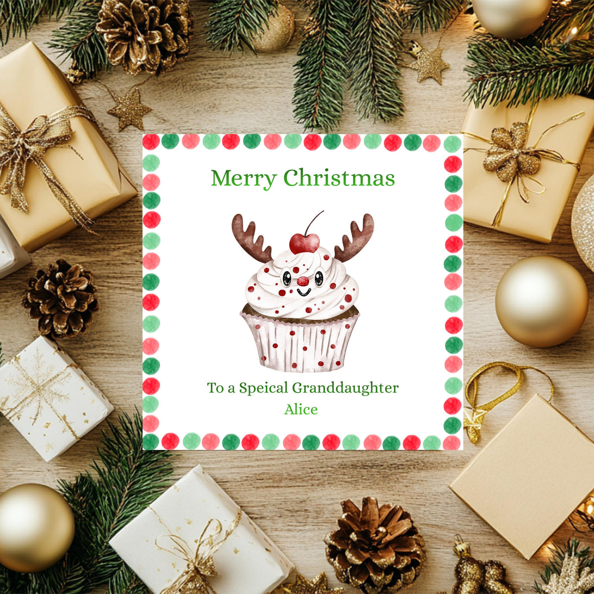 Personalized Card, Christmas Reindeer Cupcake Design with Seven Foil Colours
