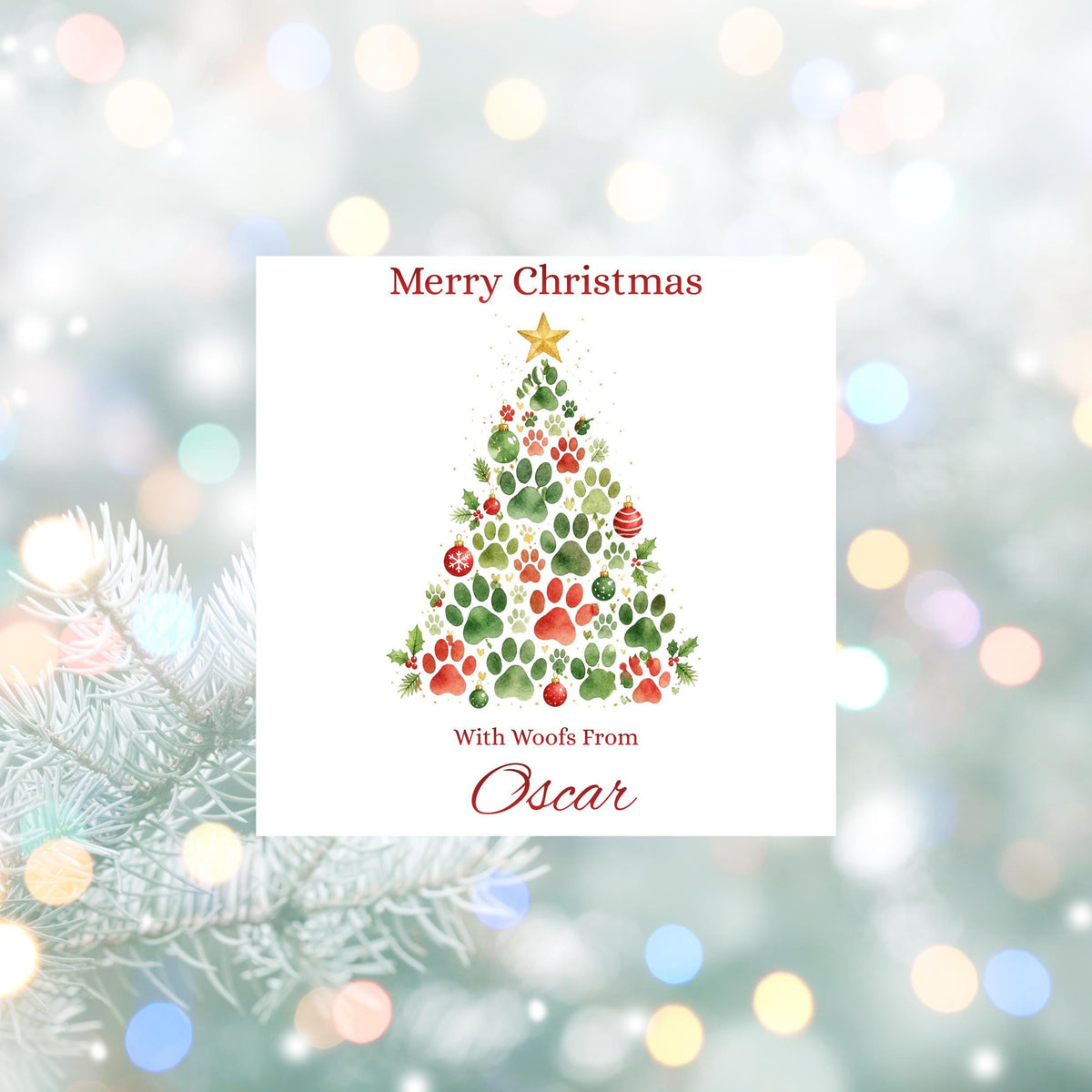 Pet Christmas Card, Custom Pet Name Paw Print Design, Foil Finish