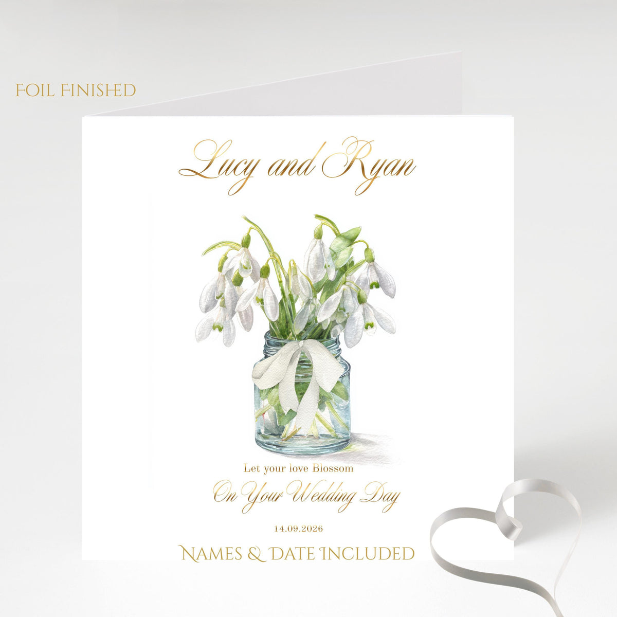 Personalised Snow Drop Wedding Card – Custom Names, Date, Floral Design