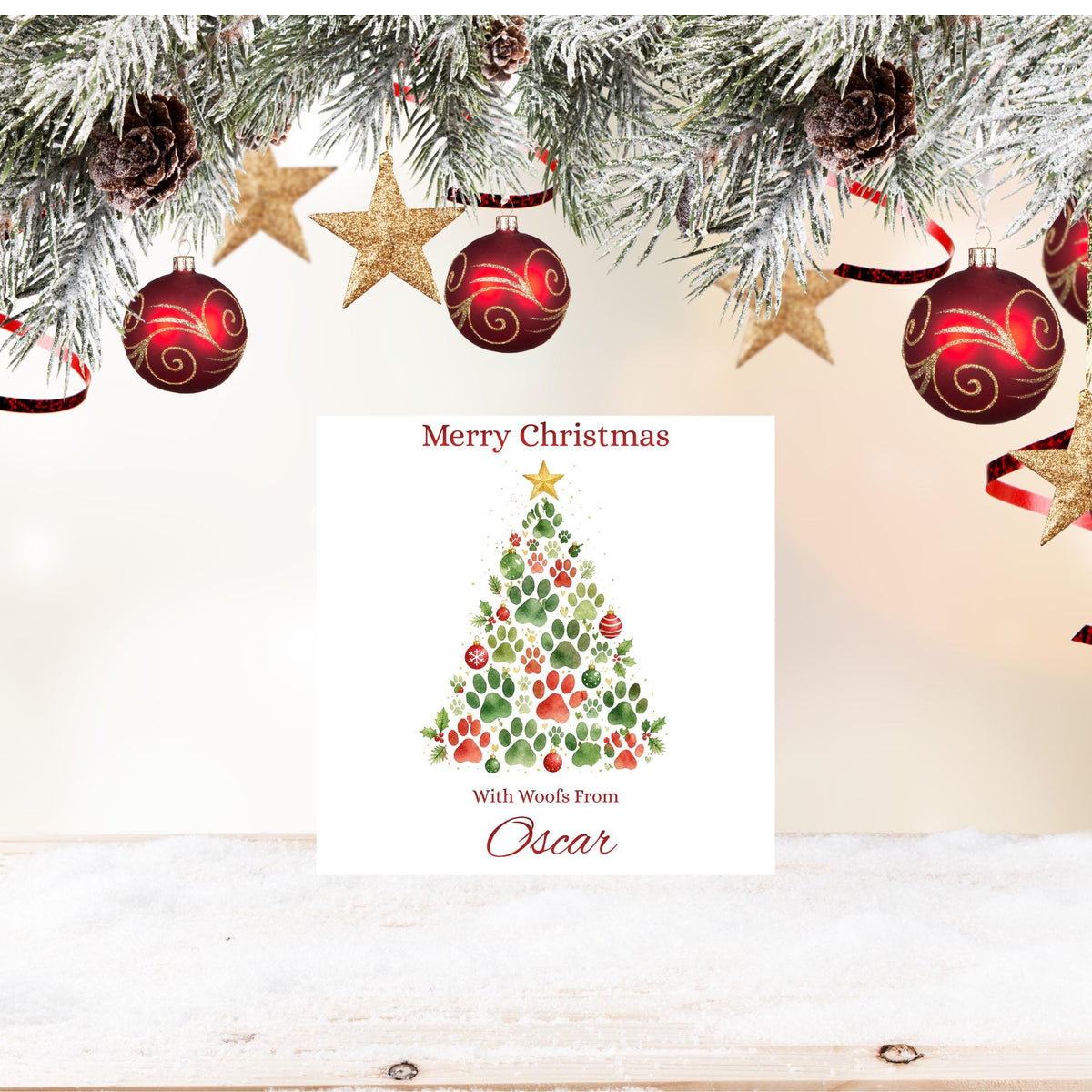 Pet Christmas Card, Custom Pet Name Paw Print Design, Foil Finish