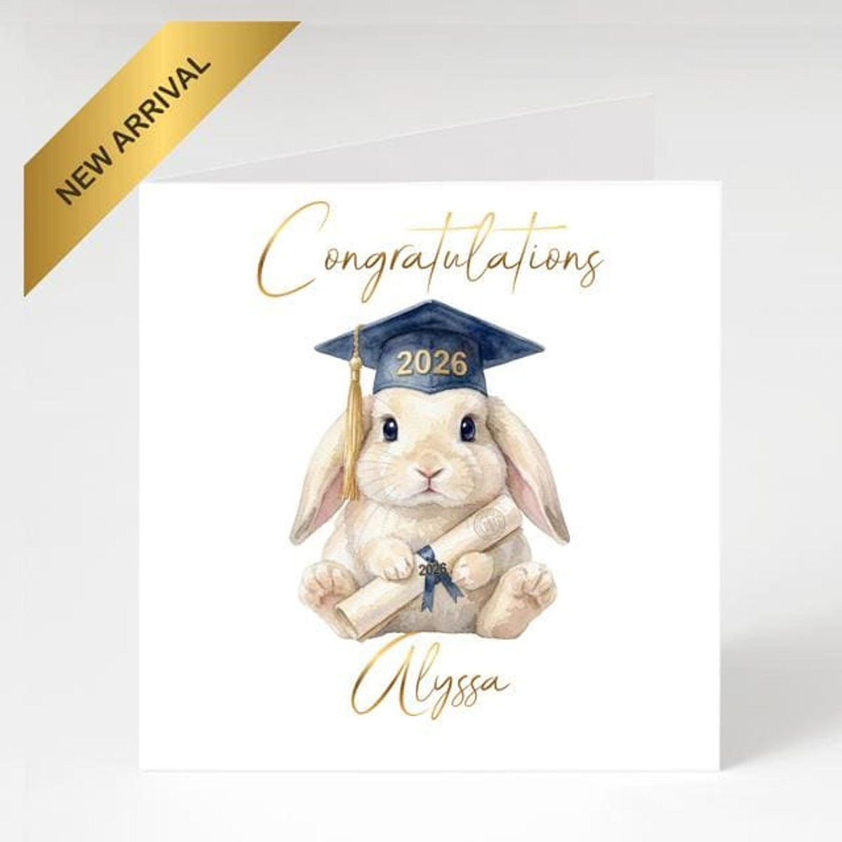 Custom Graduation Card with Bunny Illustration and Foil Finish Matching Gift Tag Available