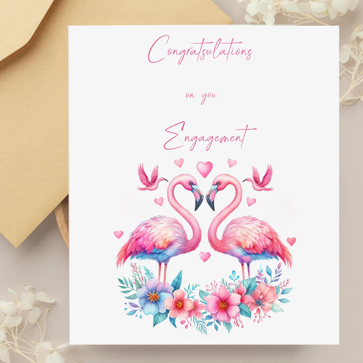 Engagement Card with Pink Flamingos, 6 x 6 Handwritten Style Design