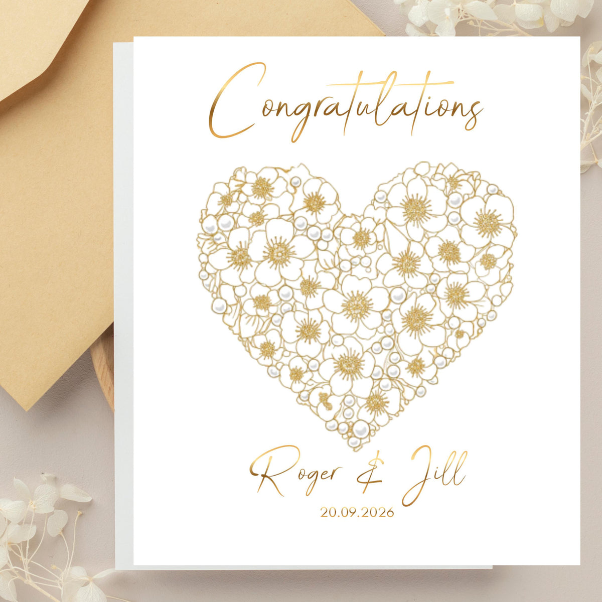 Personalized Wedding Card with Gold Foil Finish, Custom Names and Date