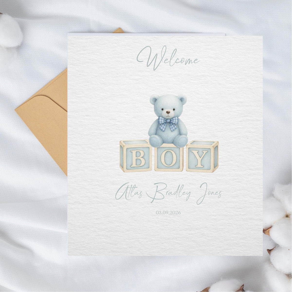Name And Date Card, Personalized Newborn Keepsake with Teddy Bear