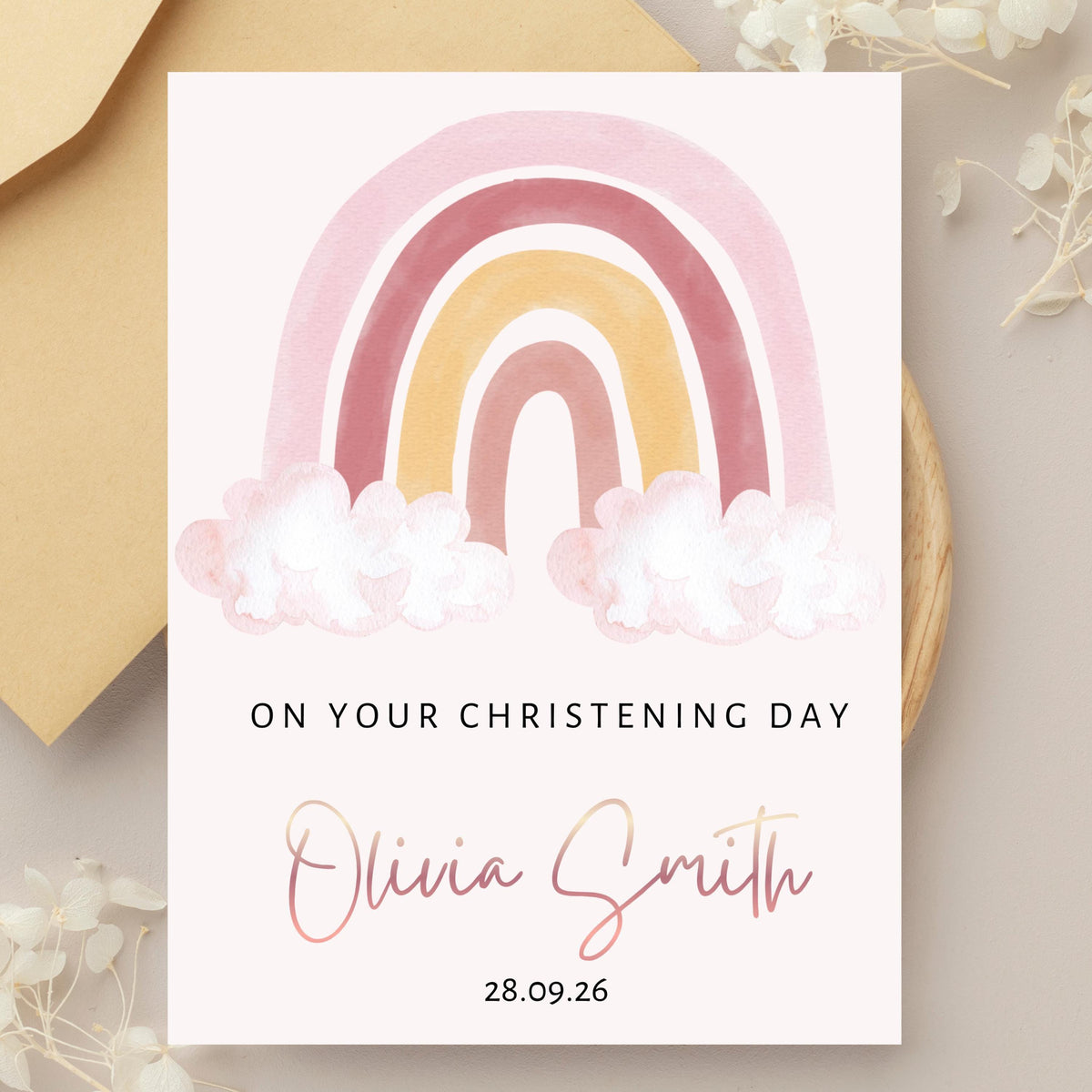 Personalised Rainbow Girls Christening Card with Rose Gold Name Custom Date
