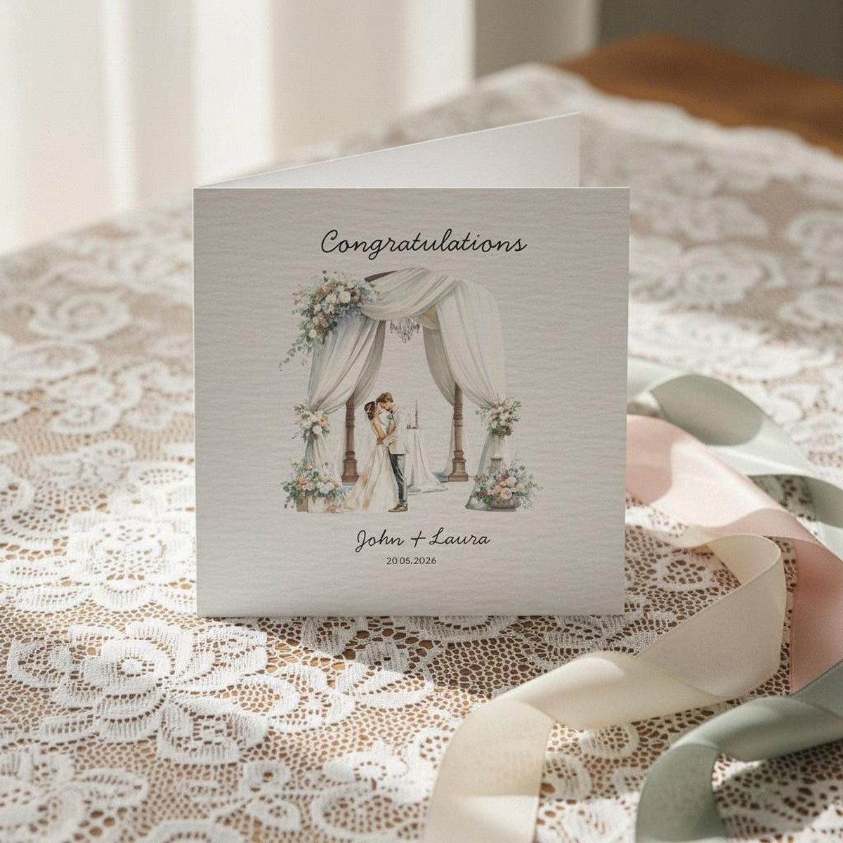 Custom Wedding Card with Floral Watercolour Design, Personalized Names and Date