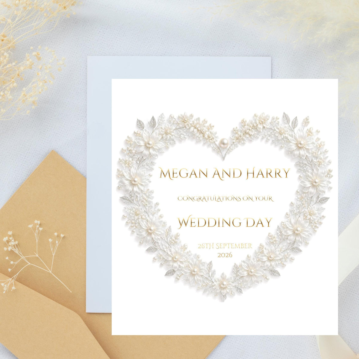 Custom Wedding Card with Foil Finish and Faux Pearl Accents