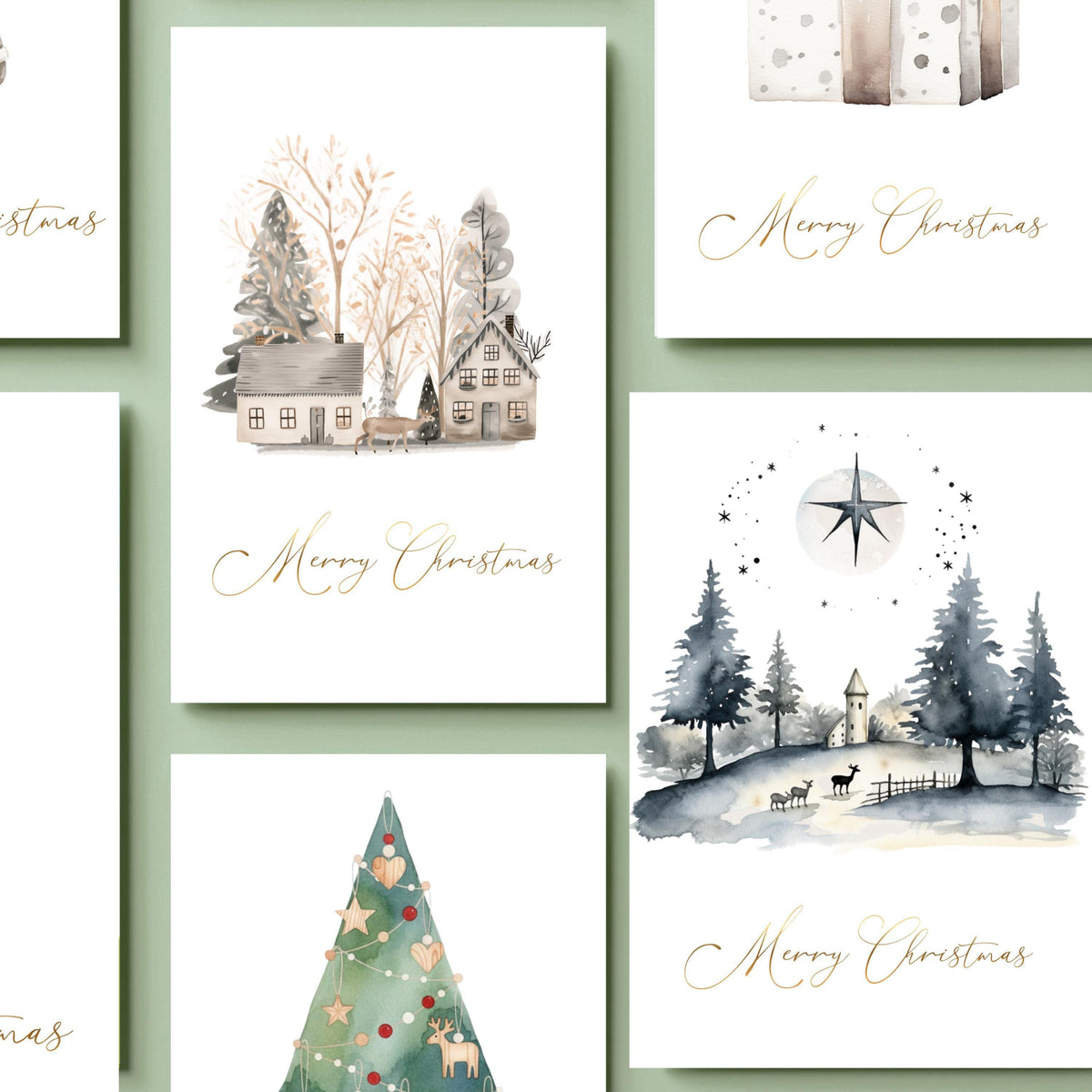 Foil Card Bundle, Six Paper Pieces with Scandinavian Evergreen Design