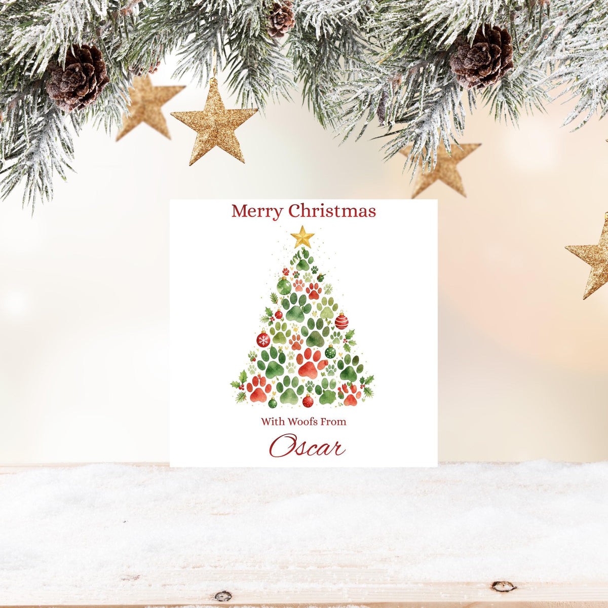 Pet Christmas Card, Custom Pet Name Paw Print Design, Foil Finish