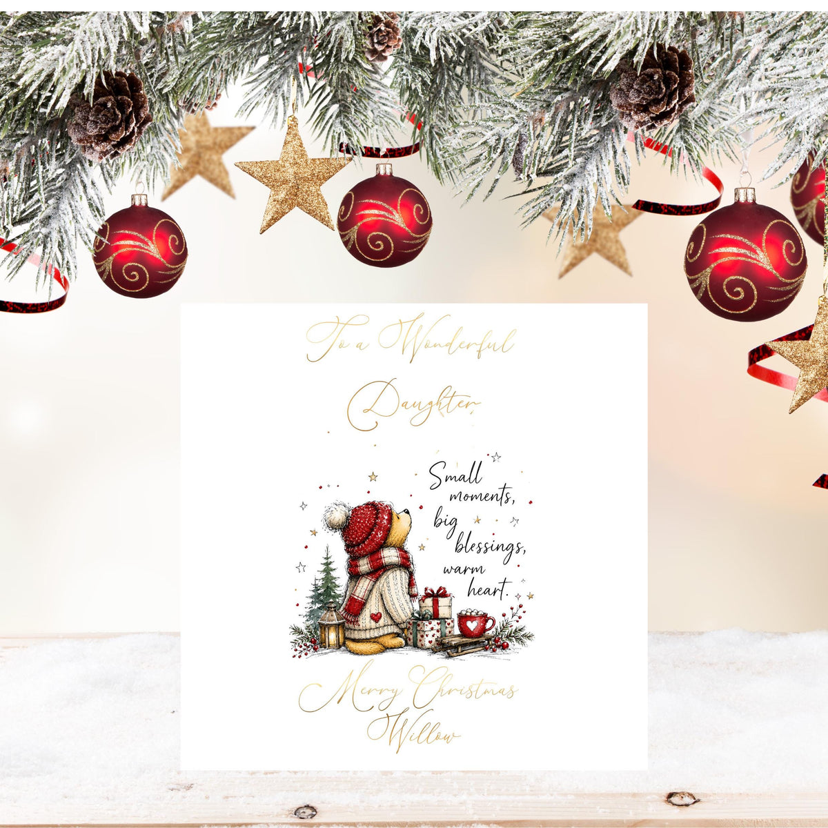 Christmas Card, Personalised Foil Finish with Festive Teddy Bear