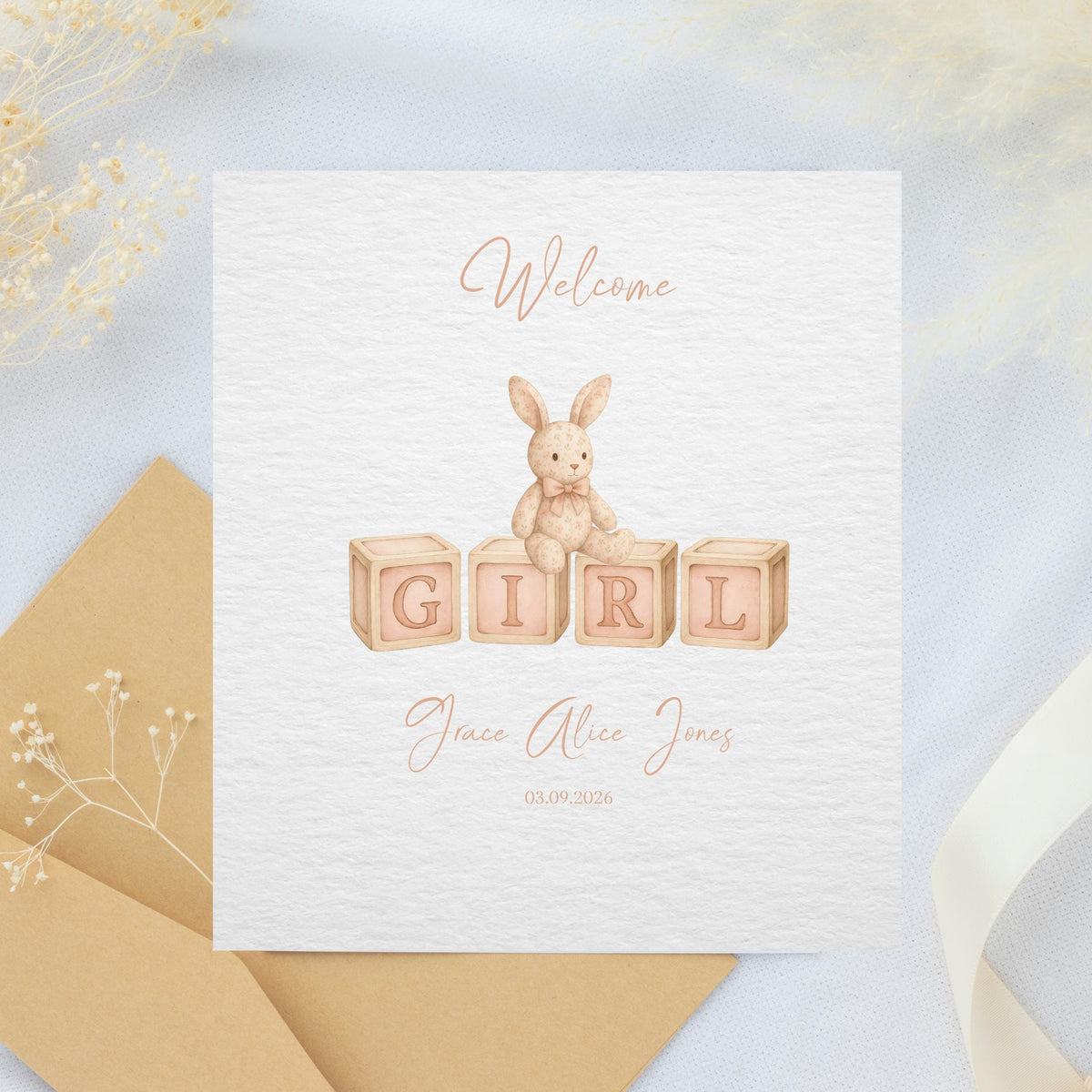 Birth Announcement Card, Personalized Baby Girl Keepsake With Name And Date