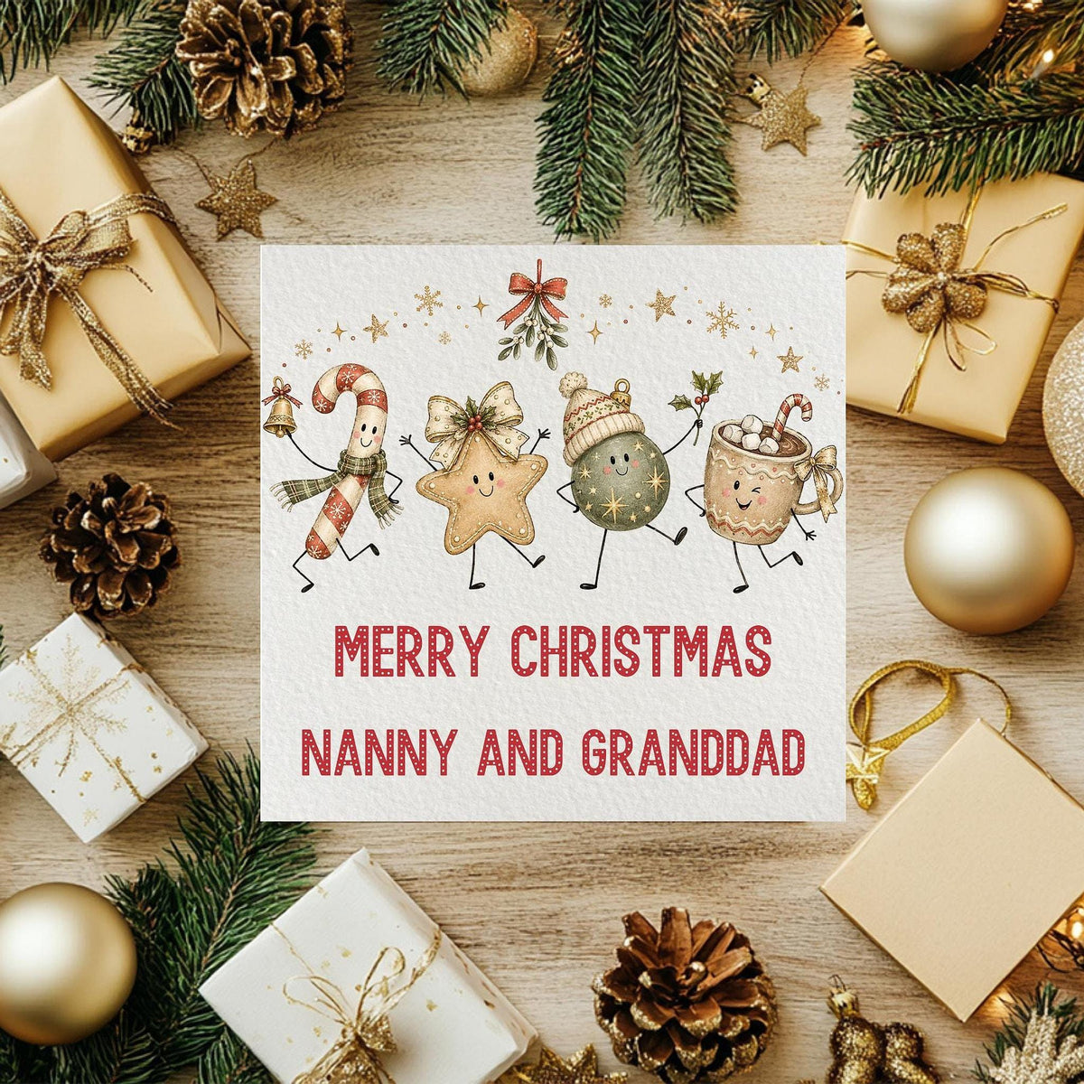 Personalized Family Christmas Card, Illustrated Holiday Scene with Names, 6x6 Paper And Cardstock