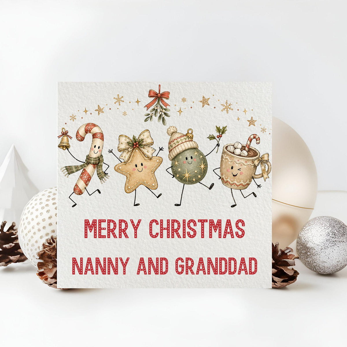 Personalized Family Christmas Card, Illustrated Holiday Scene with Names, 6x6 Paper And Cardstock