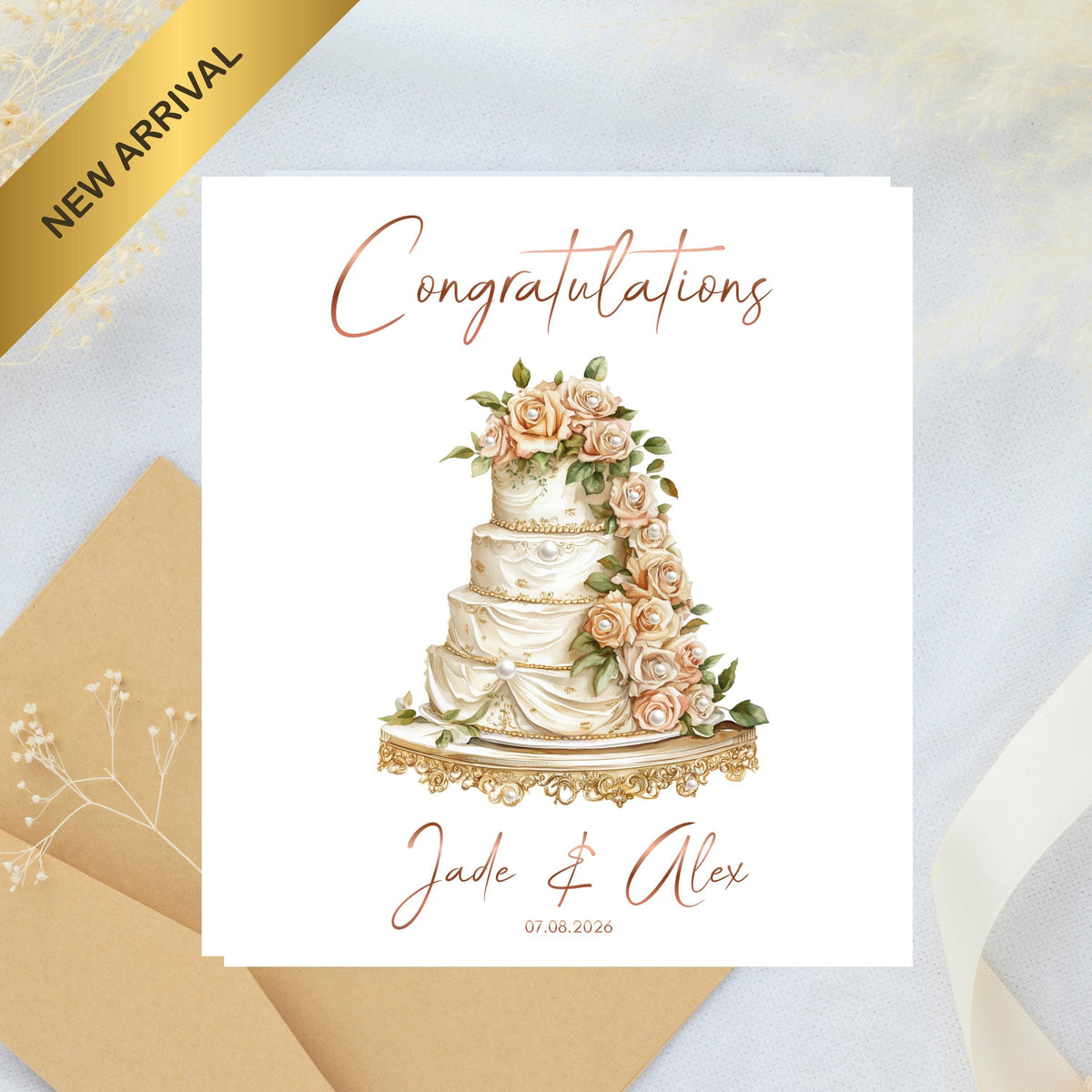 Personalized Wedding Card with Foil Finish and Faux Pearls, Custom Names and Date
