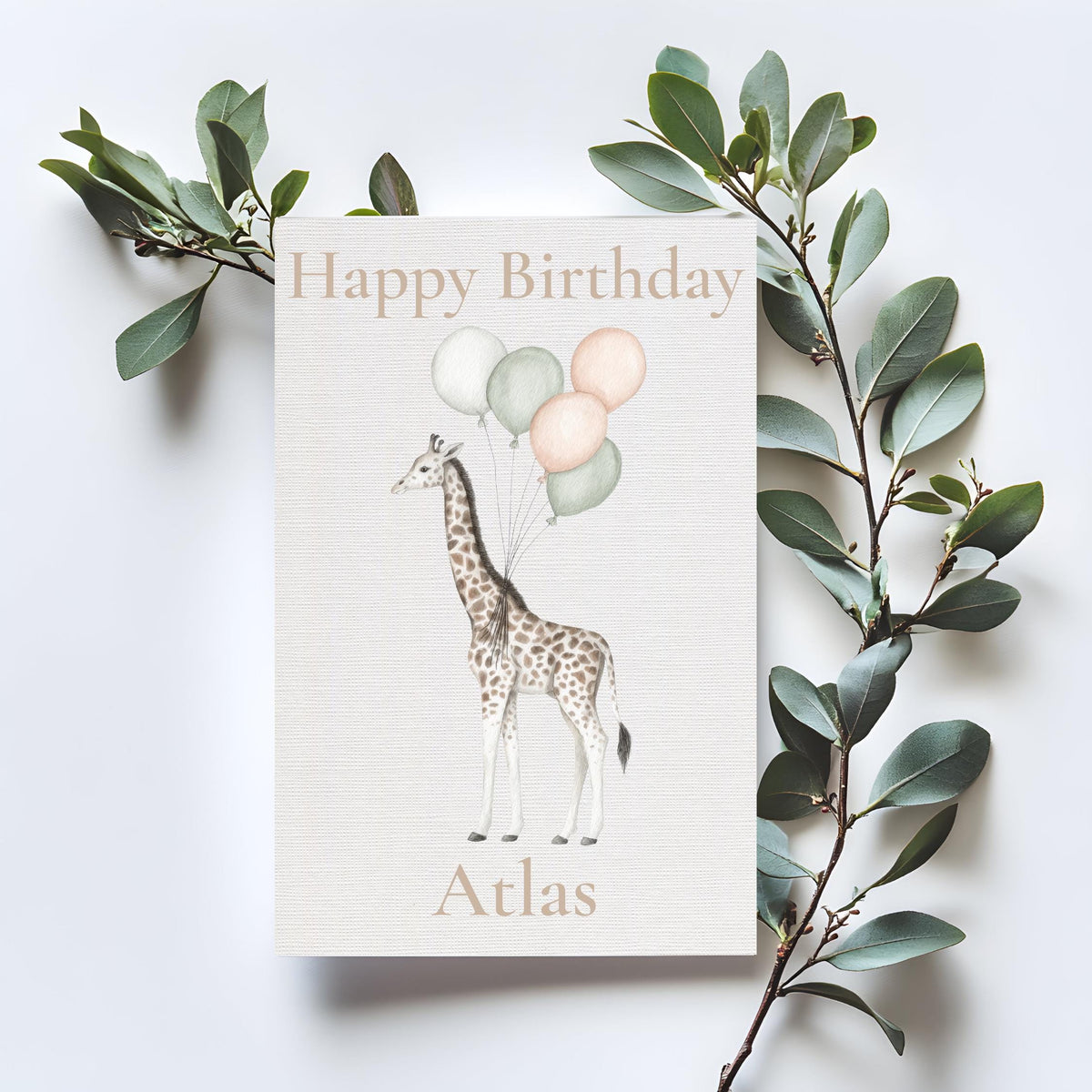 Personalised Giraffe Birthday Card, Pastel Balloons, Custom Name Keepsake, Linen Cardstock