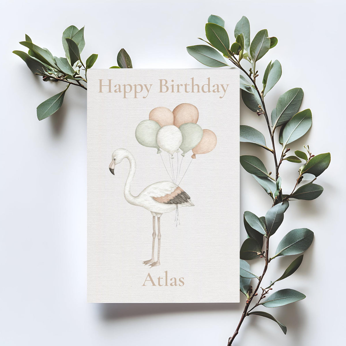 Personalised Birthday Card with Flamingo and Balloon Clouds, Custom Name, Illustration