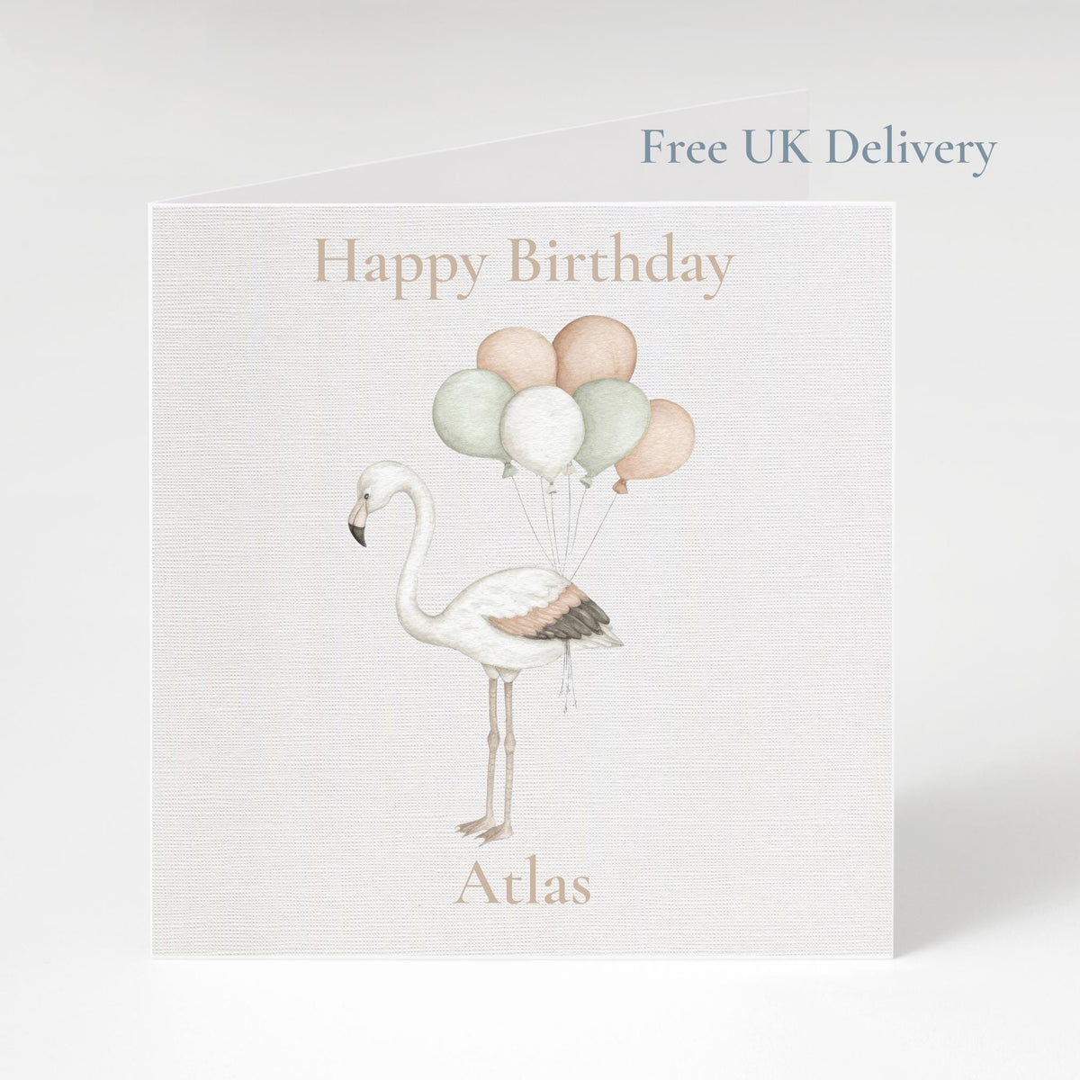 Personalised Birthday Card with Flamingo and Balloon Clouds, Custom Name, Illustration