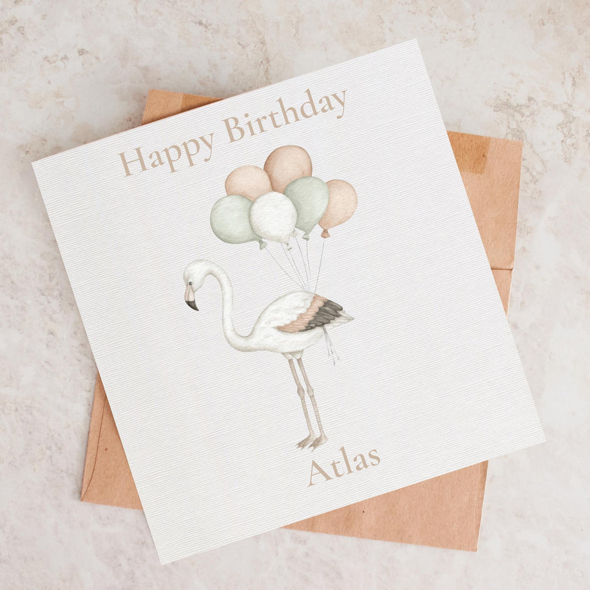Personalised Birthday Card with Flamingo and Balloon Clouds, Custom Name, Illustration