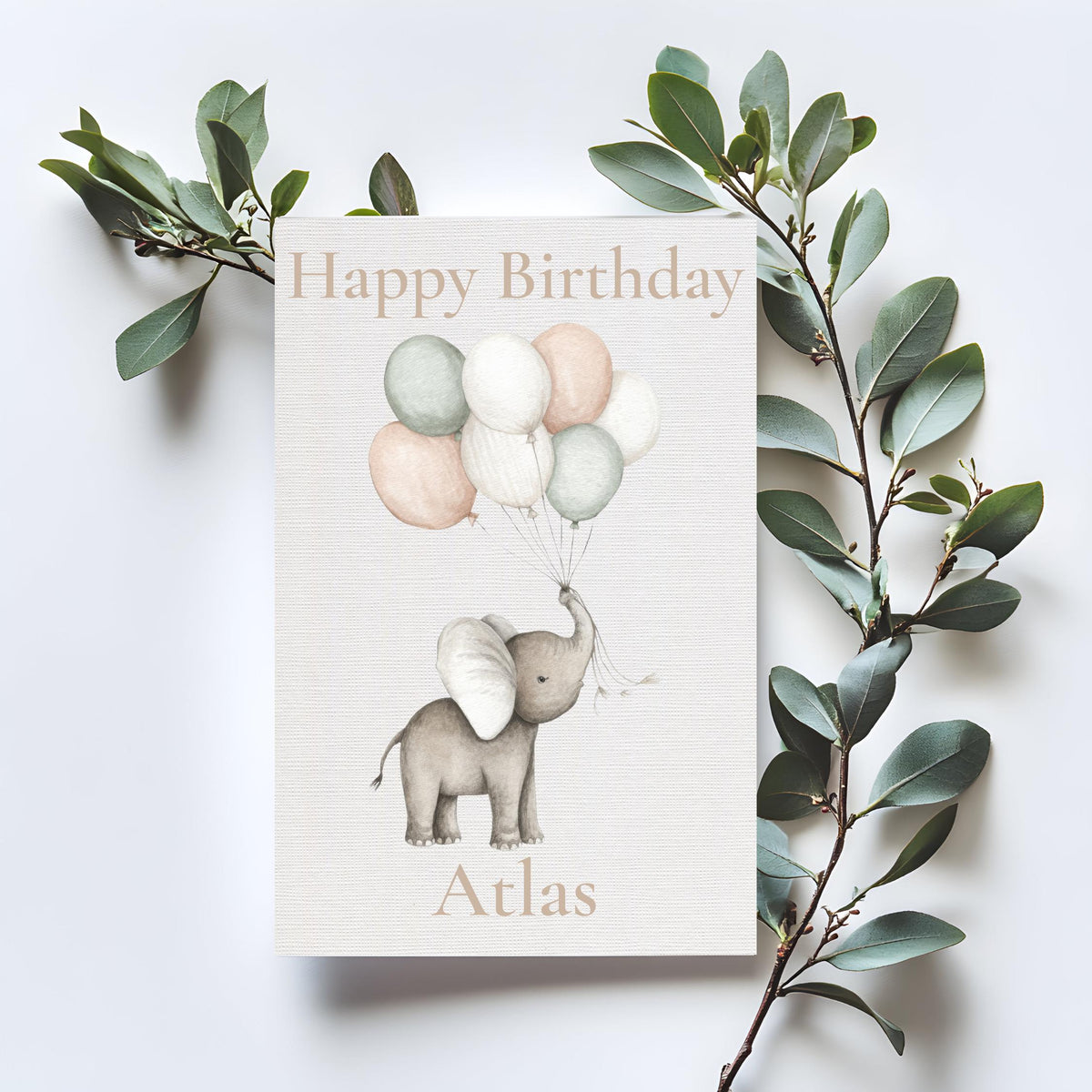 Custom Birthday Card, Elephant Illustration with Balloon Art, Kid's Gift