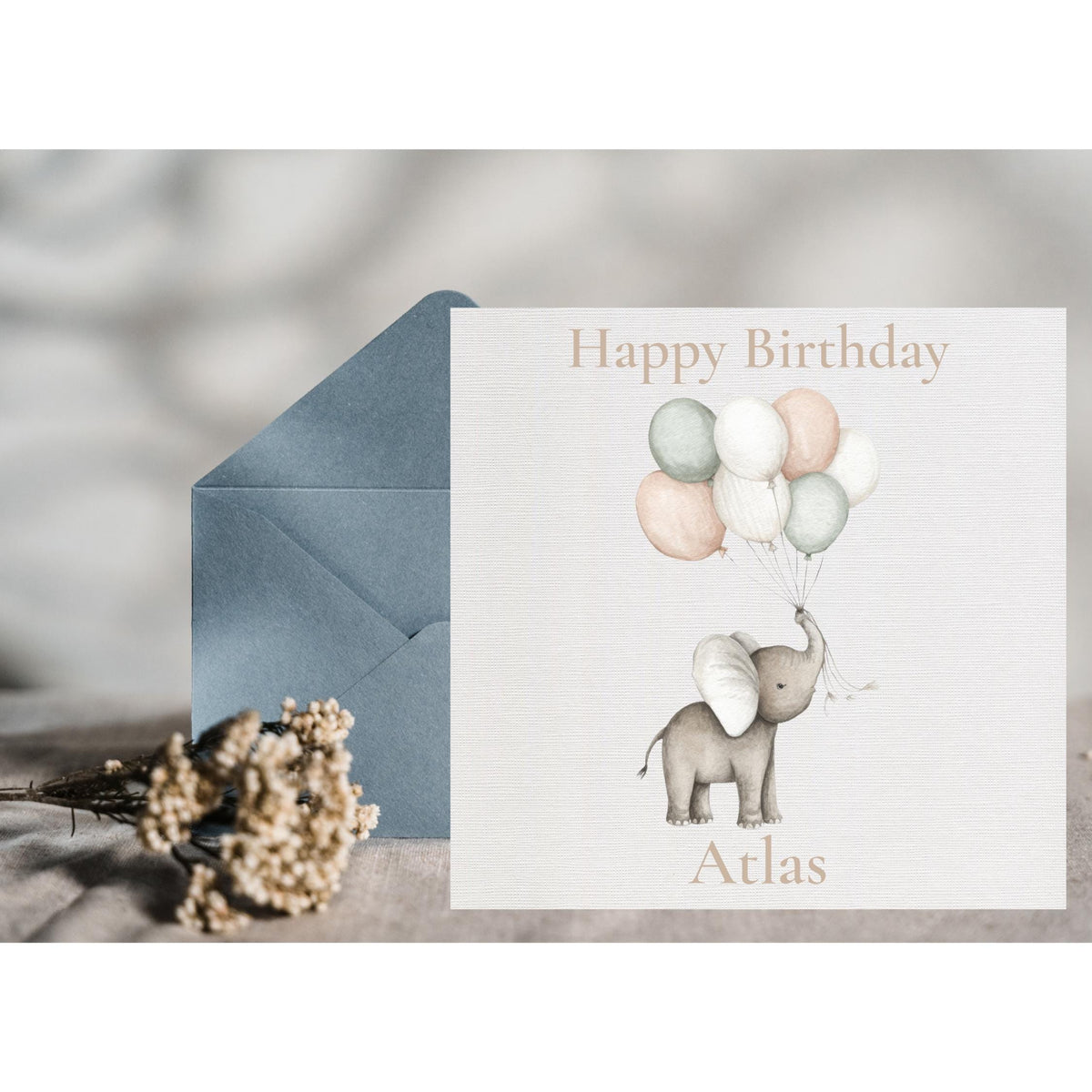 Custom Birthday Card, Elephant Illustration with Balloon Art, Kid's Gift