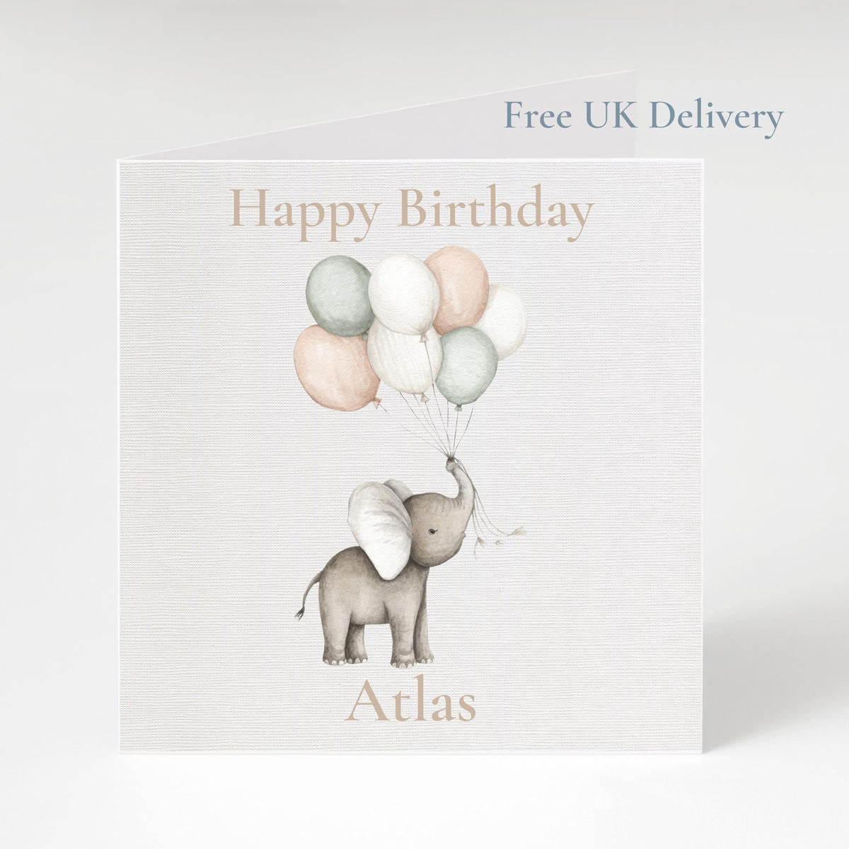 Custom Birthday Card, Elephant Illustration with Balloon Art, Kid's Gift