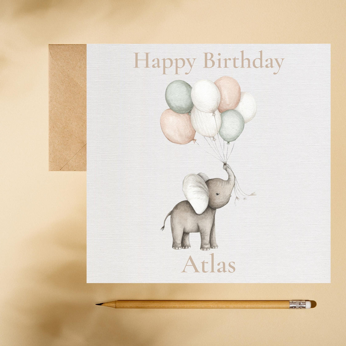 Custom Birthday Card, Elephant Illustration with Balloon Art, Kid's Gift