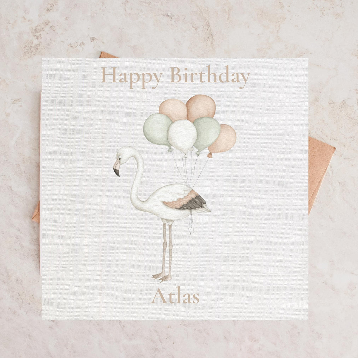 Personalised Birthday Card with Flamingo and Balloon Clouds, Custom Name, Illustration