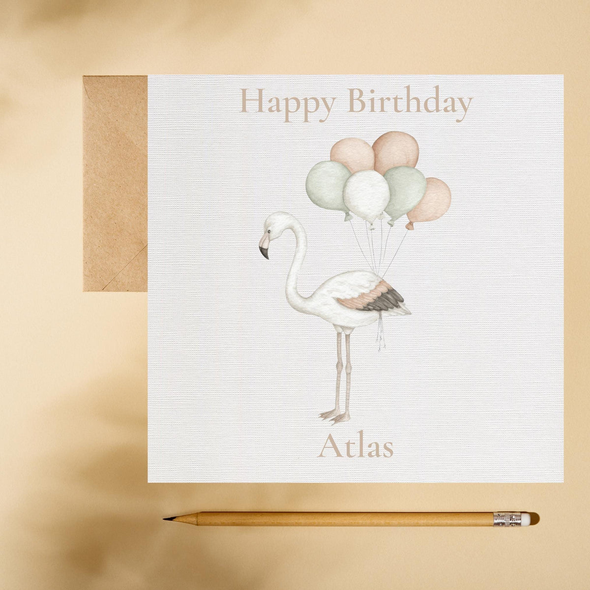 Personalised Birthday Card with Flamingo and Balloon Clouds, Custom Name, Illustration