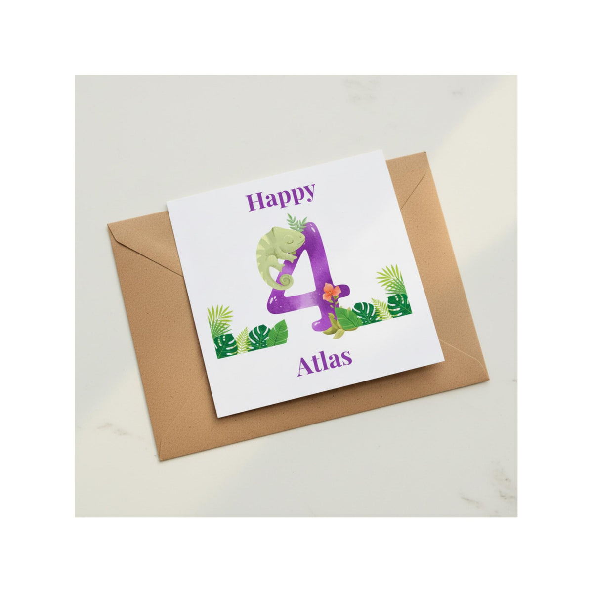 Personalised 4th Birthday Card for Girl, Chameleon Jungle Design, Kids Greeting Card
