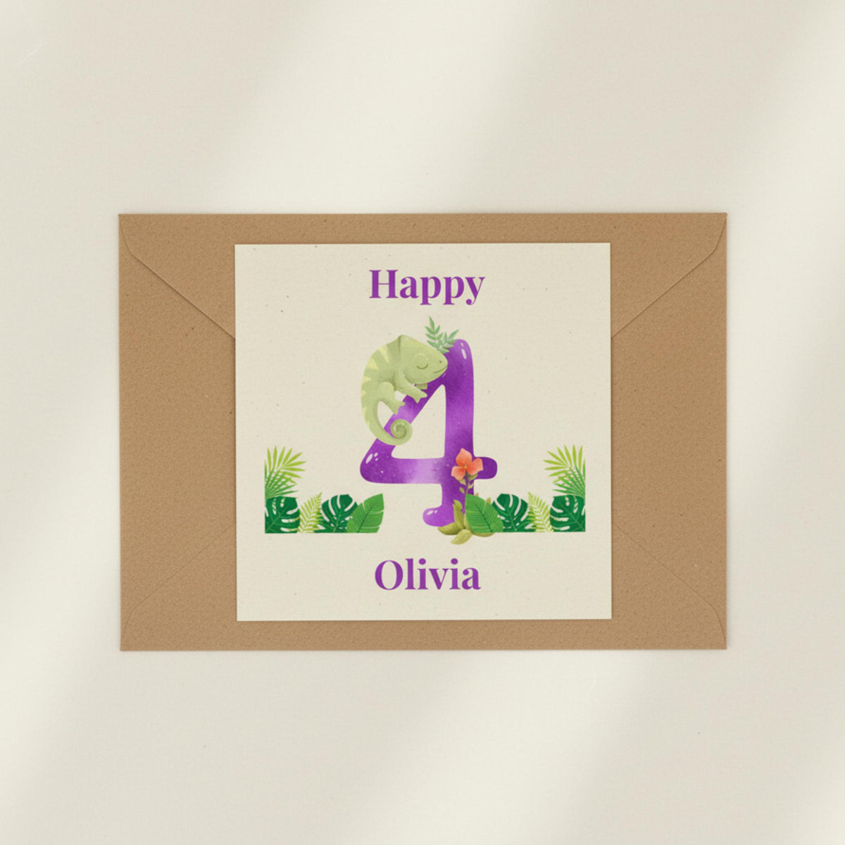 Personalised 4th Birthday Card for Girl, Chameleon Jungle Design, Kids Greeting Card