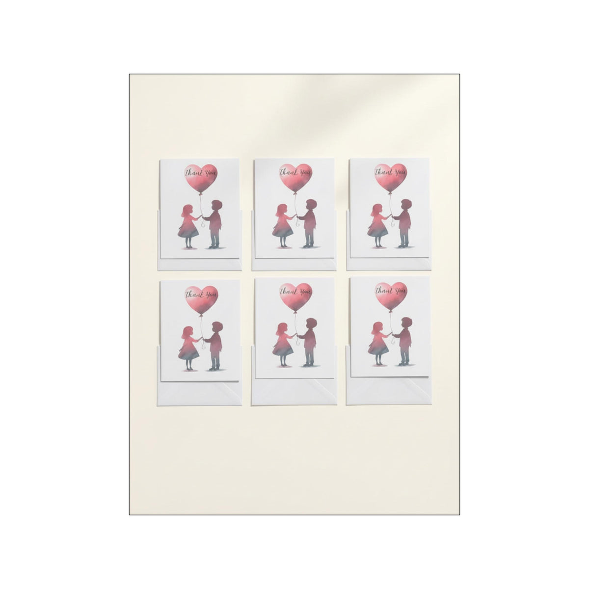 6 thank you cards, handmade romantic illustration,
