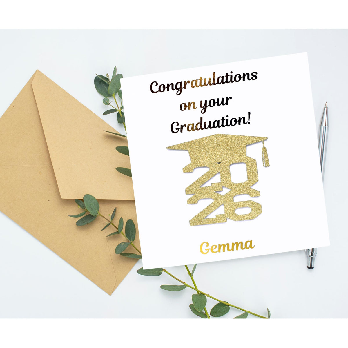 Personalised Graduation Card with Gold Glitter Cap and Custom Name | Congratulations for Graduates
