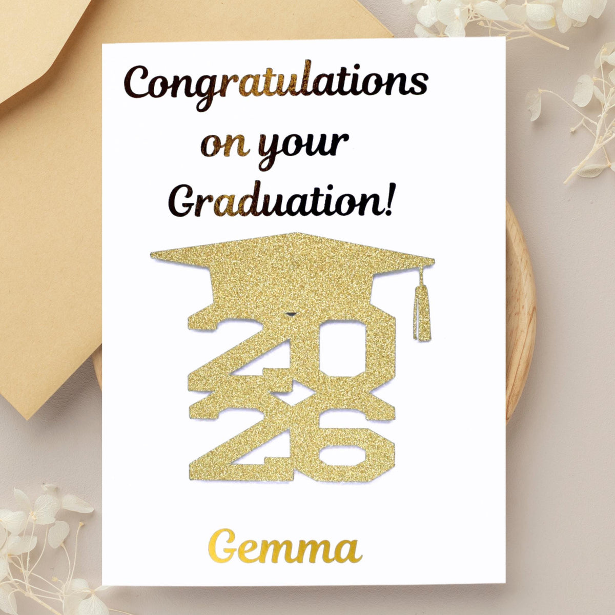 Personalised Graduation Card with Gold Glitter Cap and Custom Name | Congratulations for Graduates