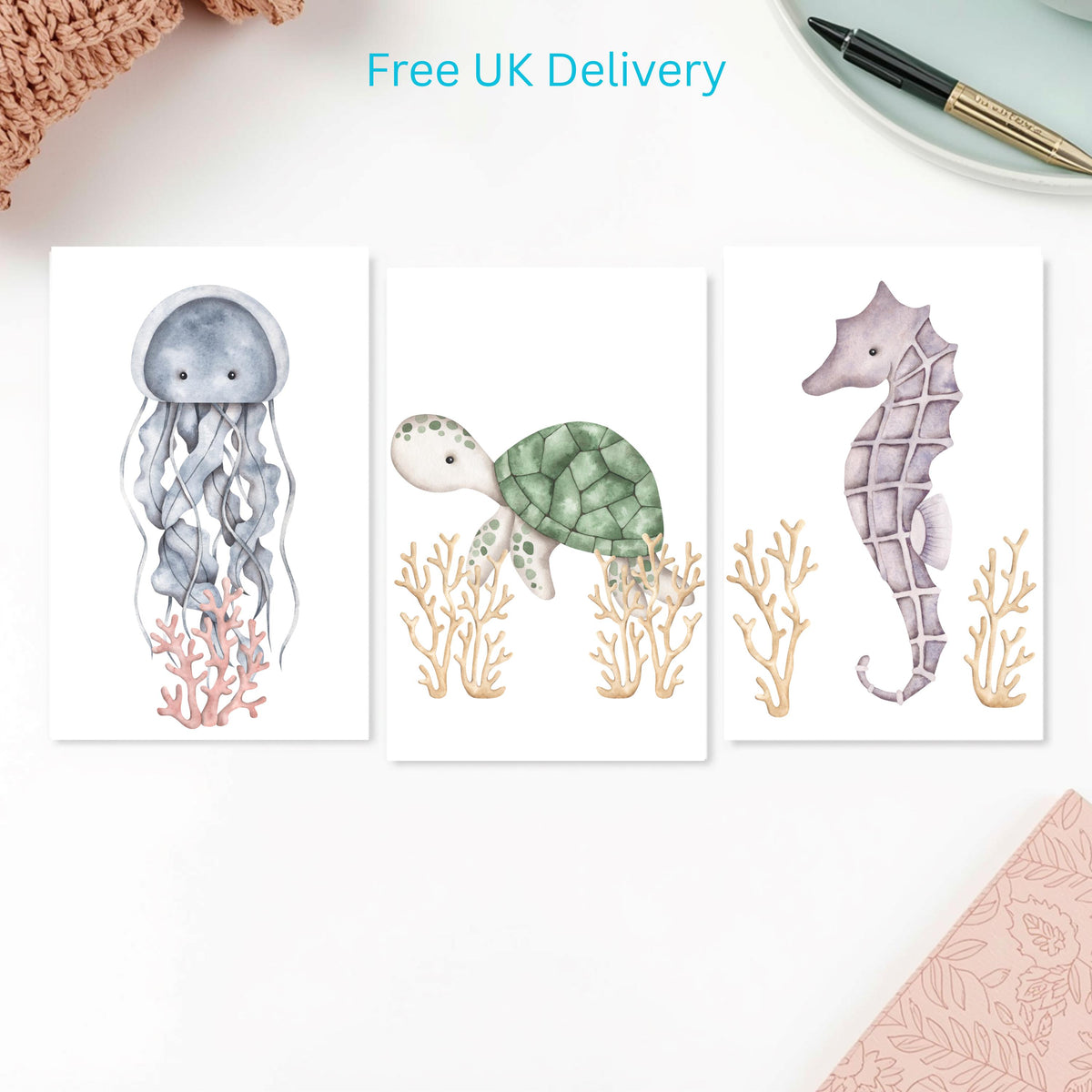Set of 3 Watercolour Ocean Themed Note Cards Octopus, Turtle & Sea Horse