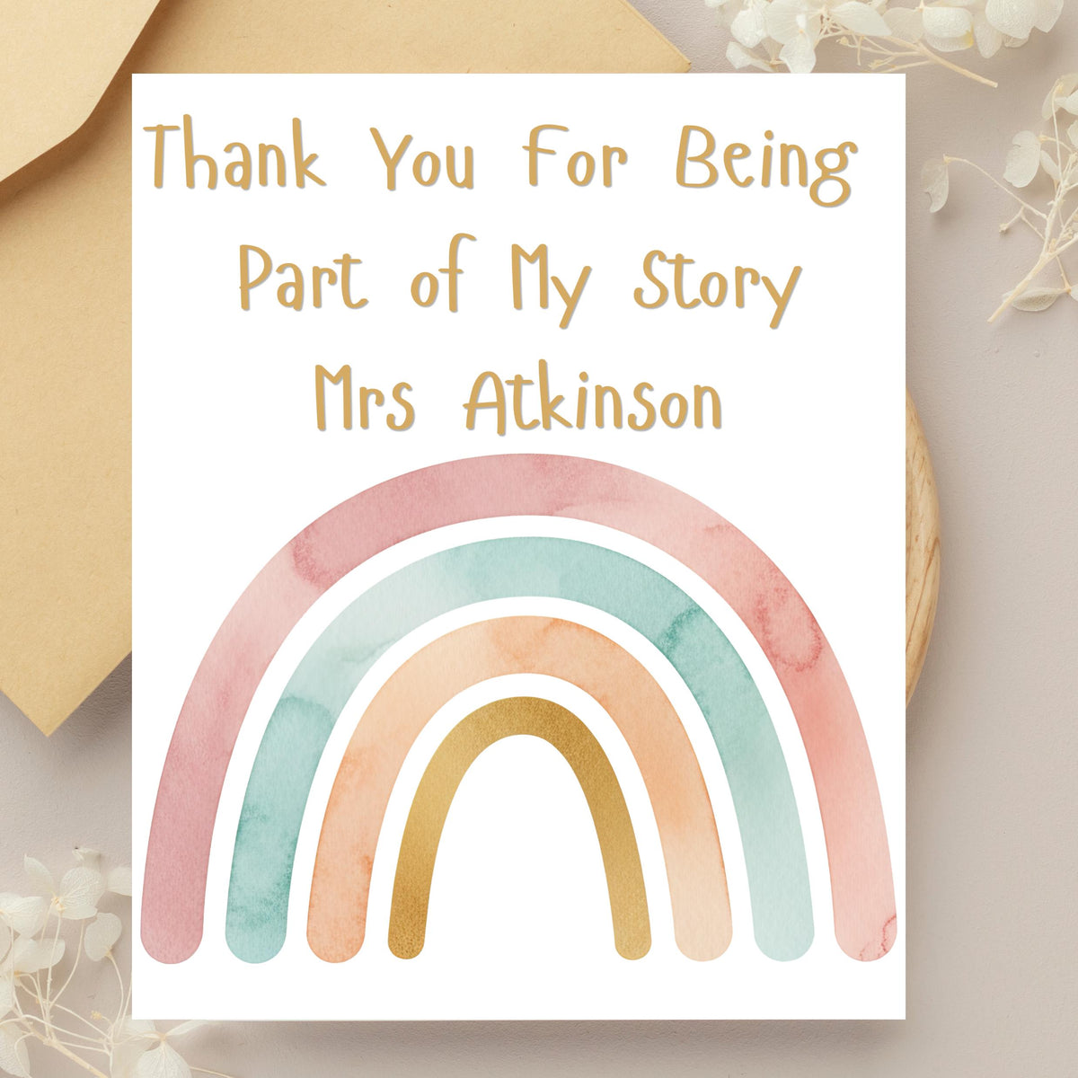 Personalised End of Year Teacher Gift, Handwritten Rainbow Design
