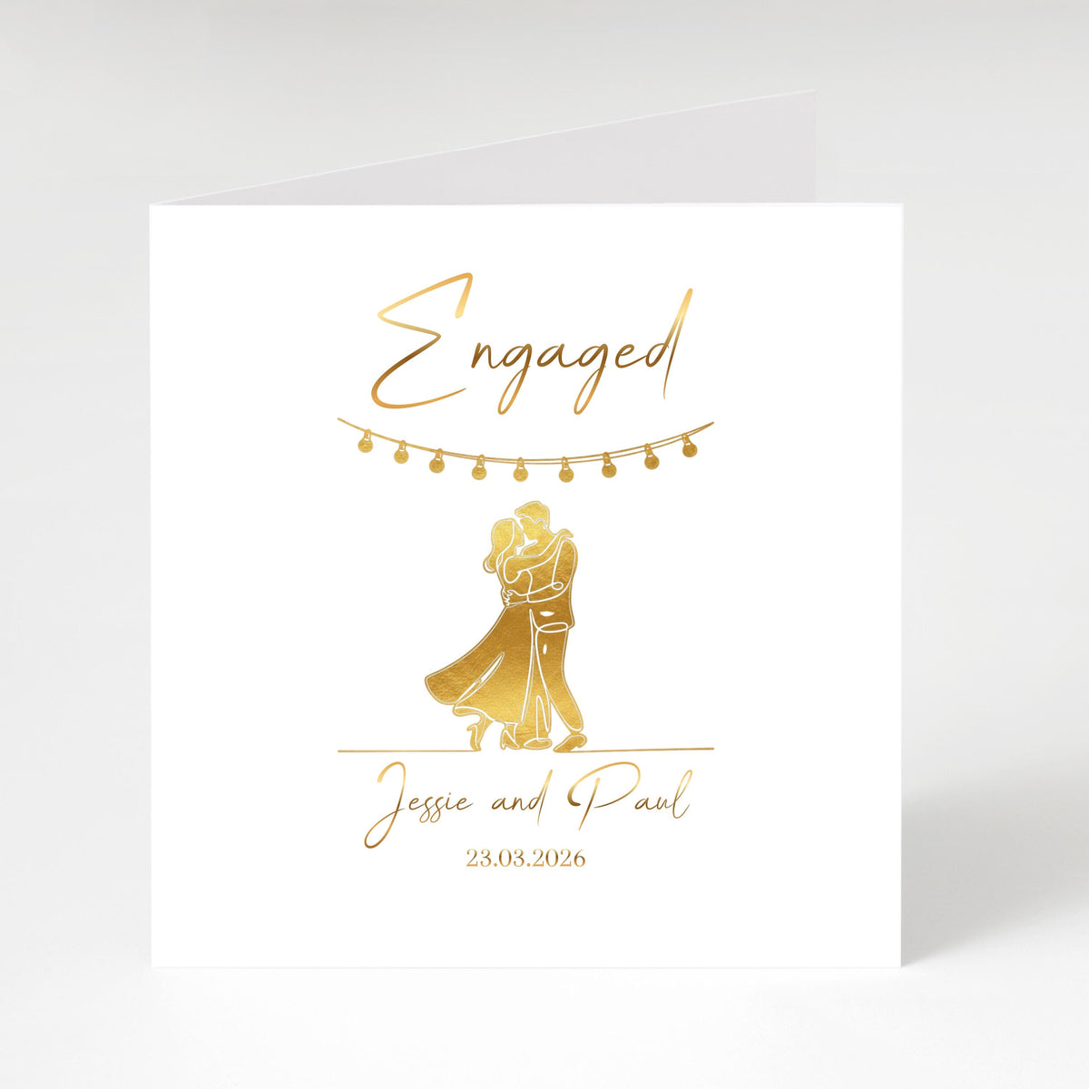 Engaged Card, Dance Couple Illustration,  Customized Engagement Celebration, Gold Foil Finish