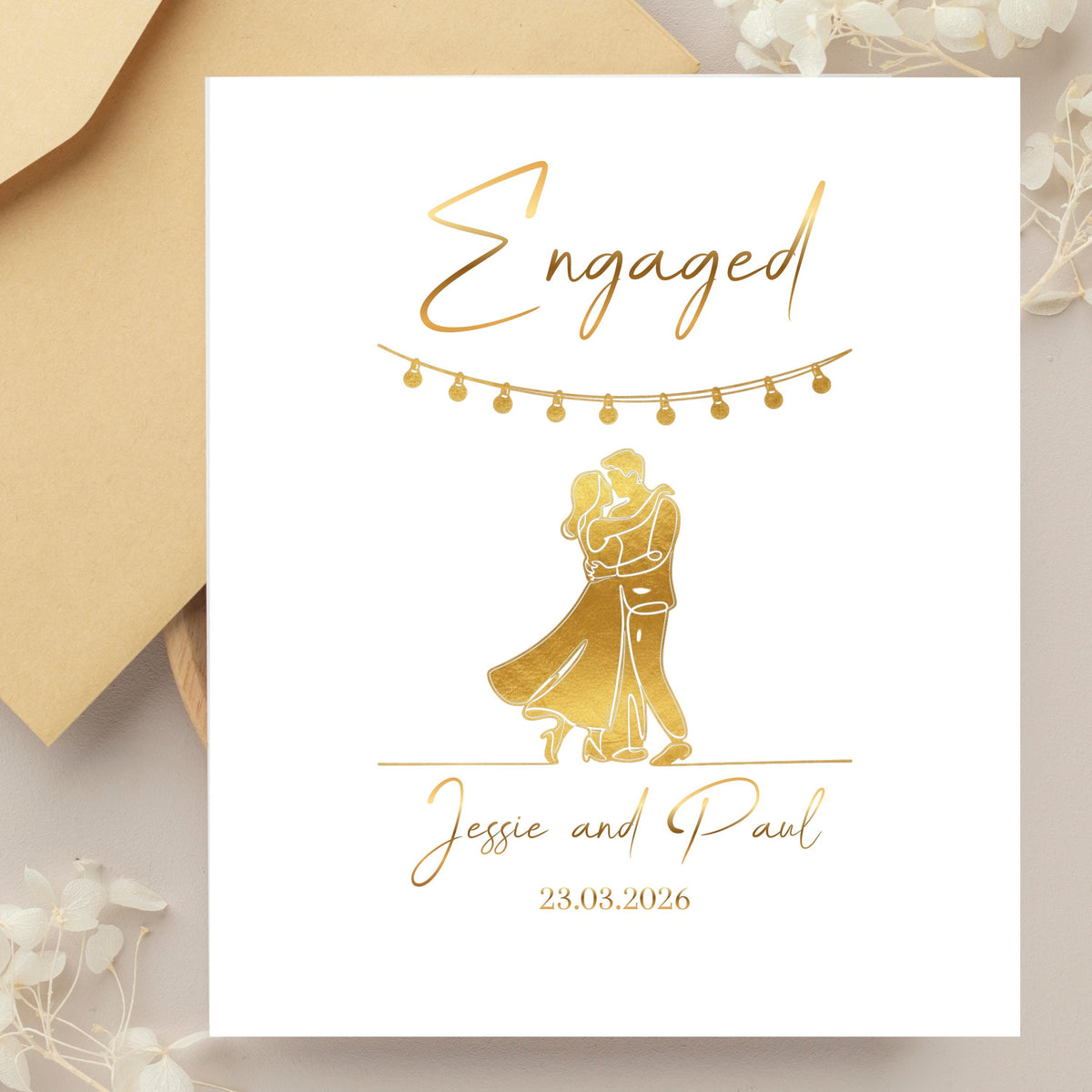 Engaged Card, Dance Couple Illustration,  Customized Engagement Celebration, Gold Foil Finish