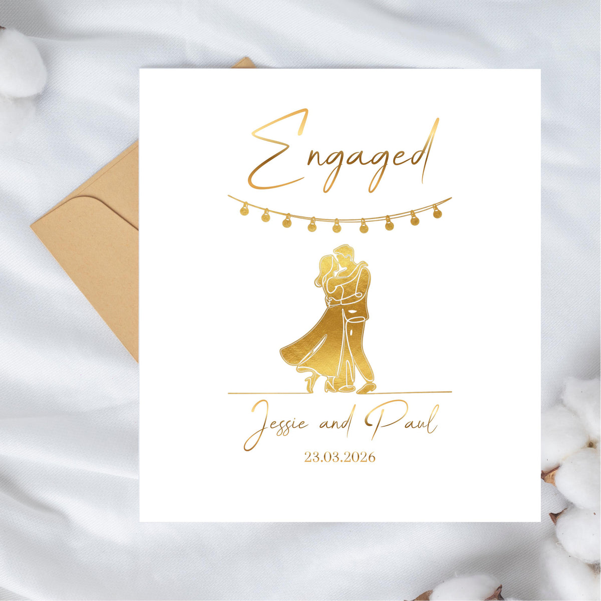 Engaged Card, Dance Couple Illustration,  Customized Engagement Celebration, Gold Foil Finish