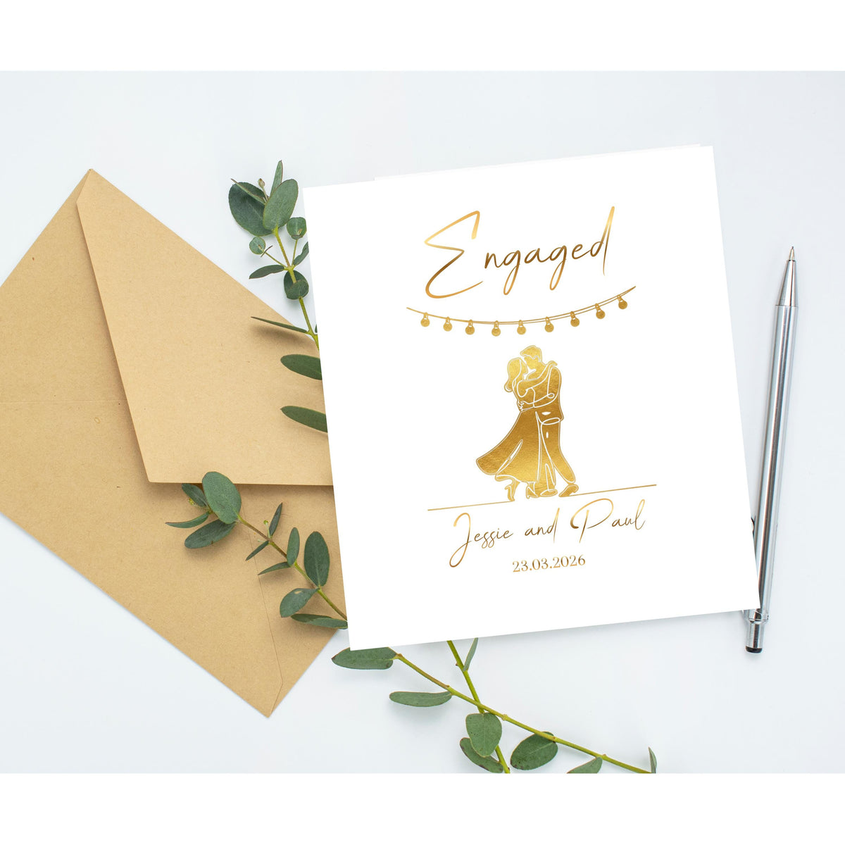 Engaged Card, Dance Couple Illustration,  Customized Engagement Celebration, Gold Foil Finish