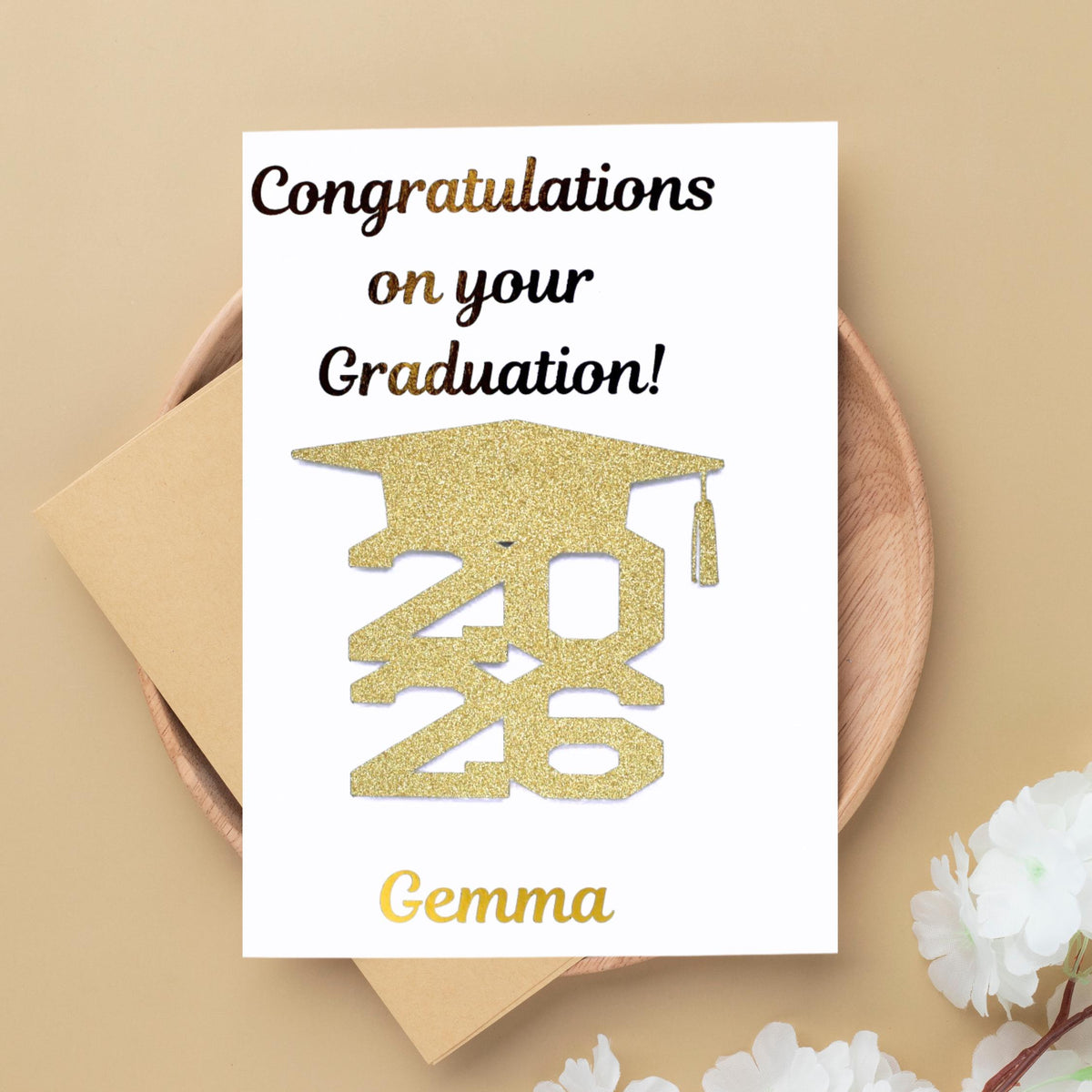 Personalised Graduation Card with Gold Glitter Cap and Custom Name | Congratulations for Graduates