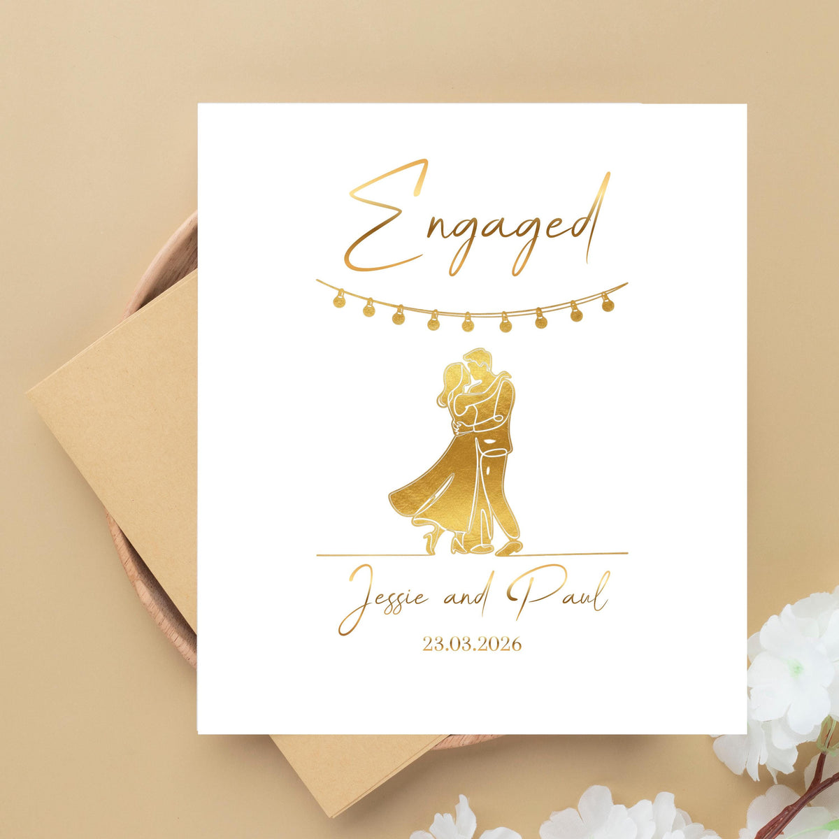 Engaged Card, Dance Couple Illustration,  Customized Engagement Celebration, Gold Foil Finish