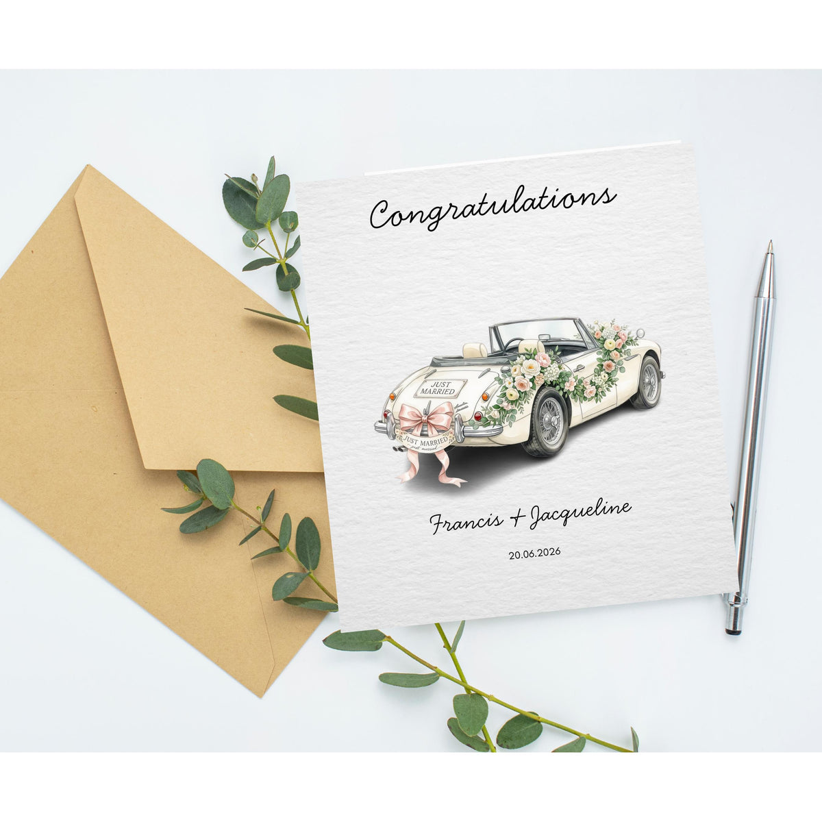 Custom Wedding Car Card with Floral Design |