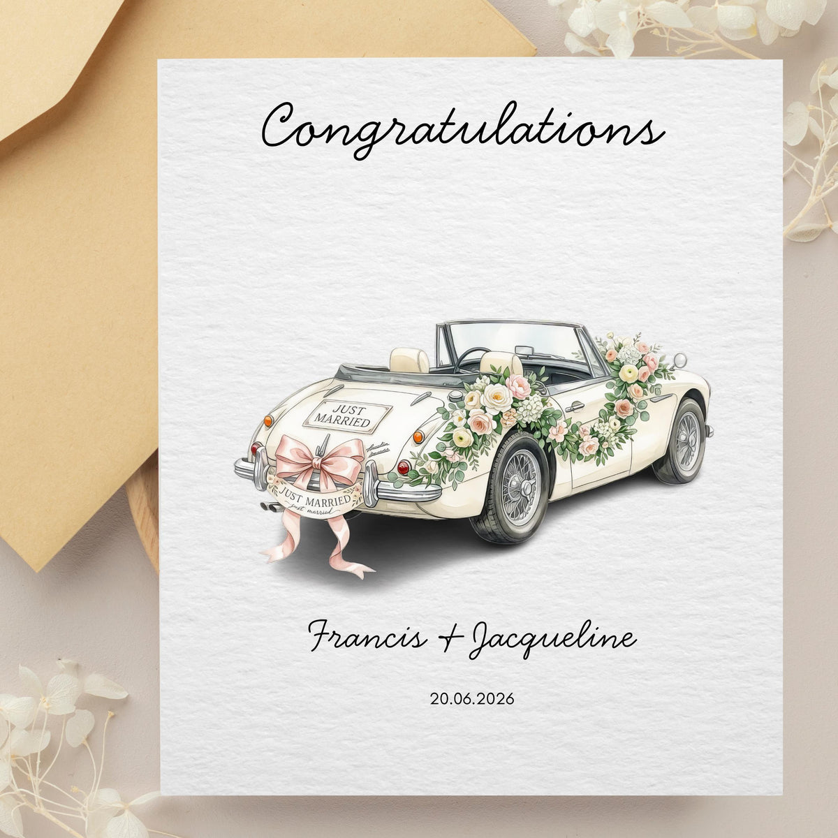 Custom Wedding Car Card with Floral Design |