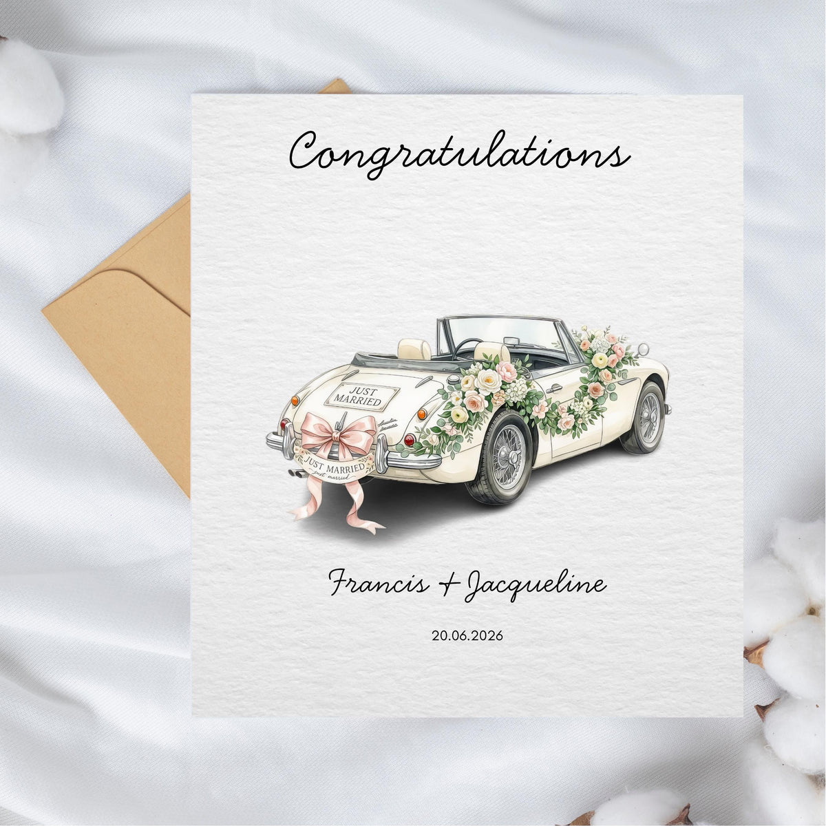 Custom Wedding Car Card with Floral Design |