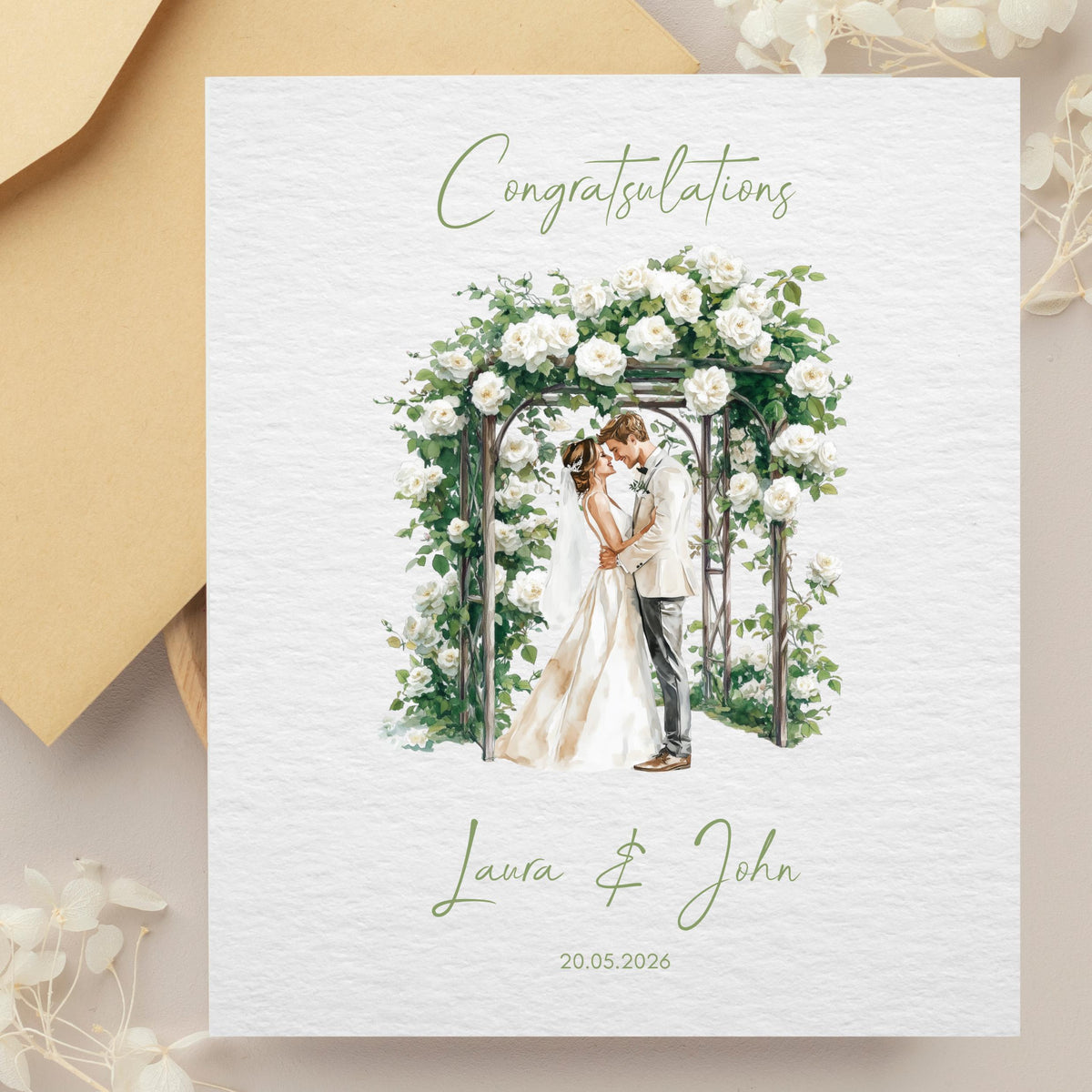 Custom Wedding Card with Couple Names and Date | Floral Illustration