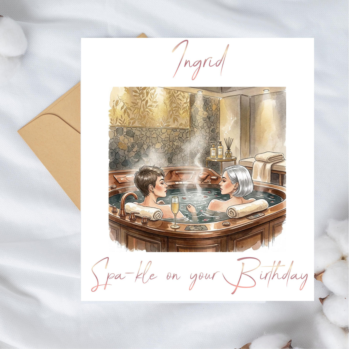 Spa Birthday Card with Foiled Name, Personalized Luxury Greeting for Spa Lovers