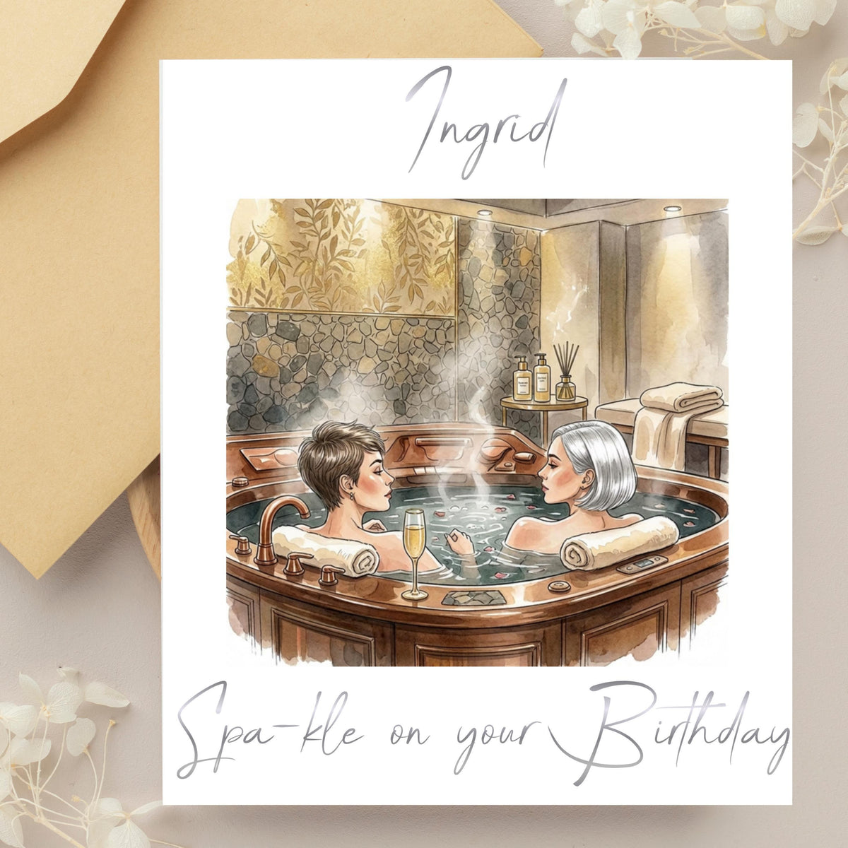 Spa Birthday Card with Foiled Name, Personalized Luxury Greeting for Spa Lovers