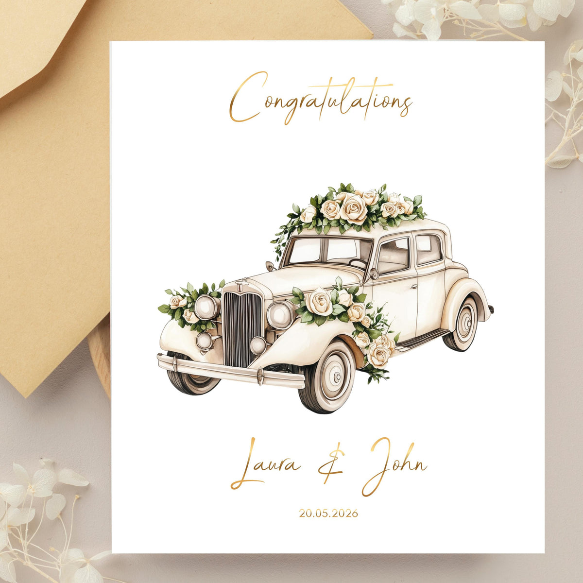 Personalised Vintage Wedding Card, Floral Car Design with Gold Foil