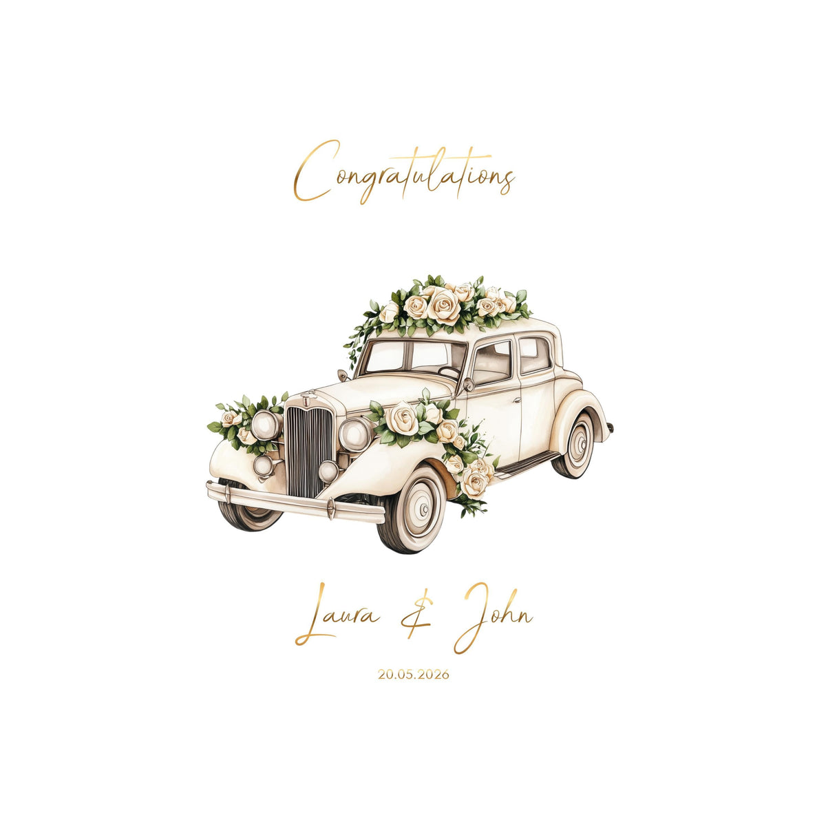 Personalised Vintage Wedding Card, Floral Car Design with Gold Foil